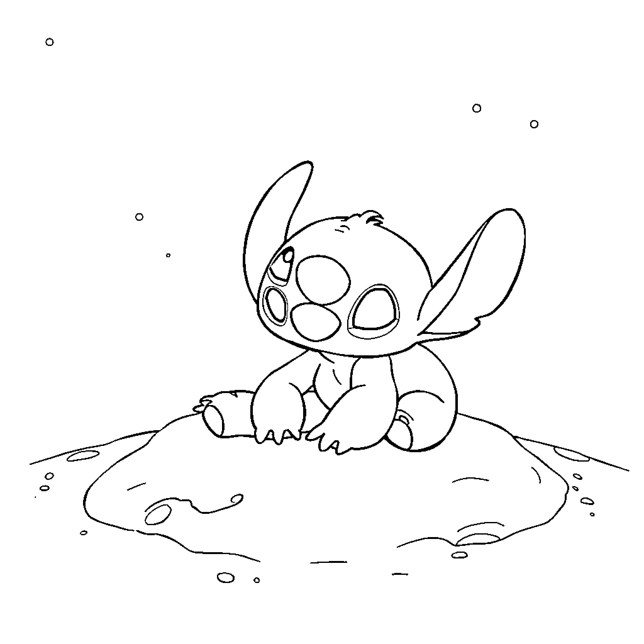 Stitch sitting contentedly on a cloud Coloring Page (free black-and-white line drawing printable PDF for all, from beginners to advanced learners, including children, teens, adults, and seniors)