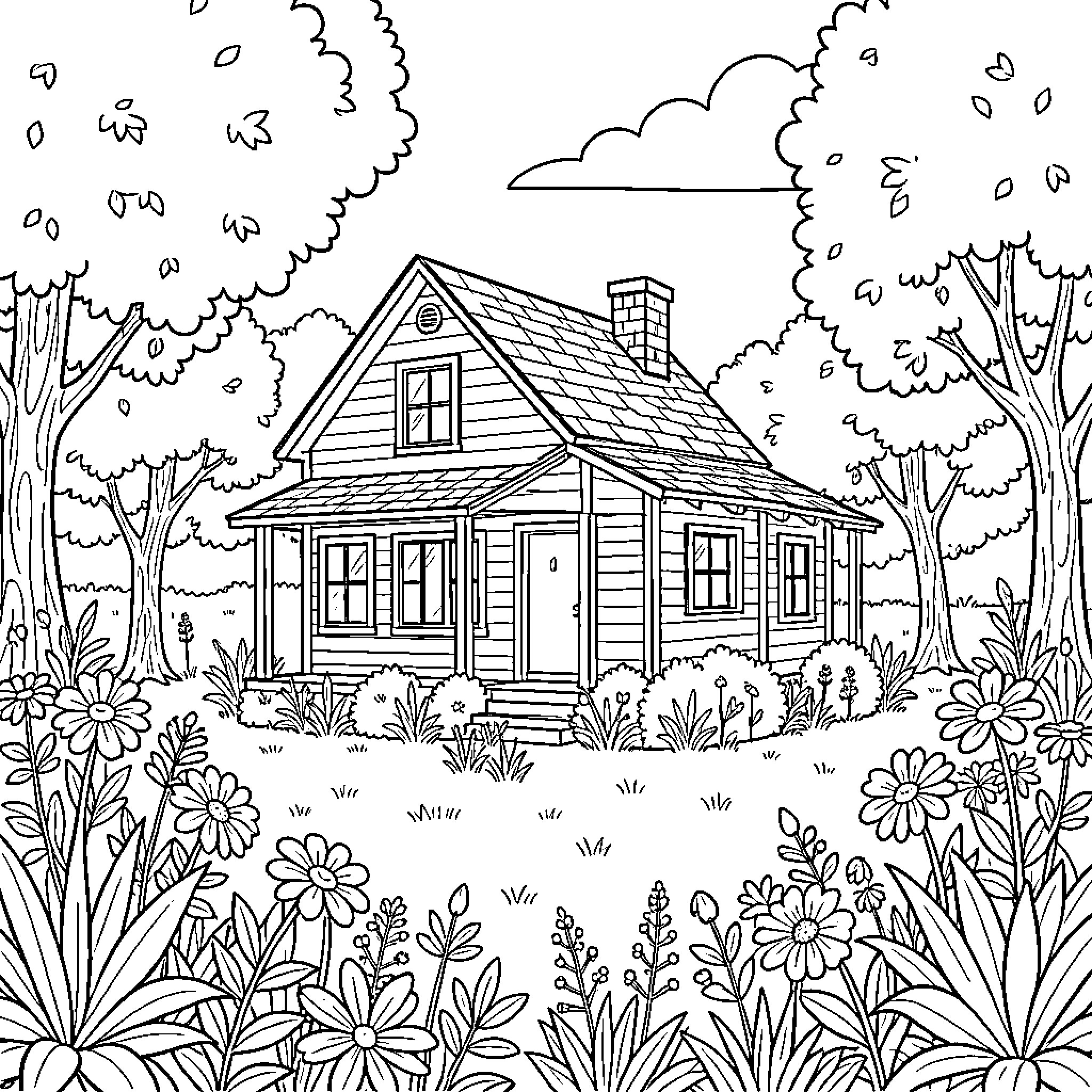 House nestled peacefully among blooming flowers and trees Coloring Page (free black-and-white line drawing printable PDF for all, from beginners to advanced learners, including children, teens, adults, and seniors)