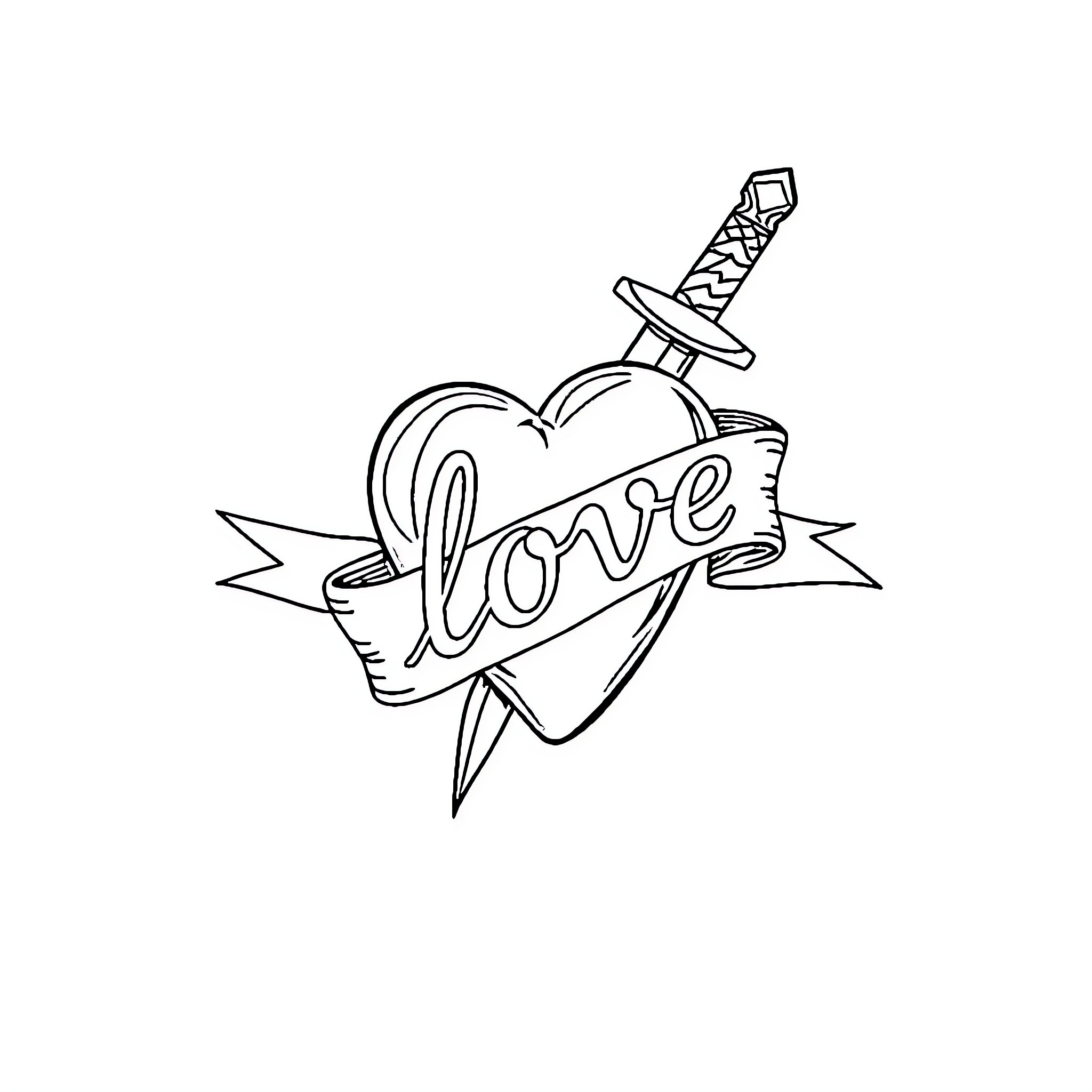 Tattoo of Heart with Dagger and Love Text Coloring Page (free black-and-white line drawing printable PDF for all, from beginners to advanced learners, including children, teens, adults, and seniors)