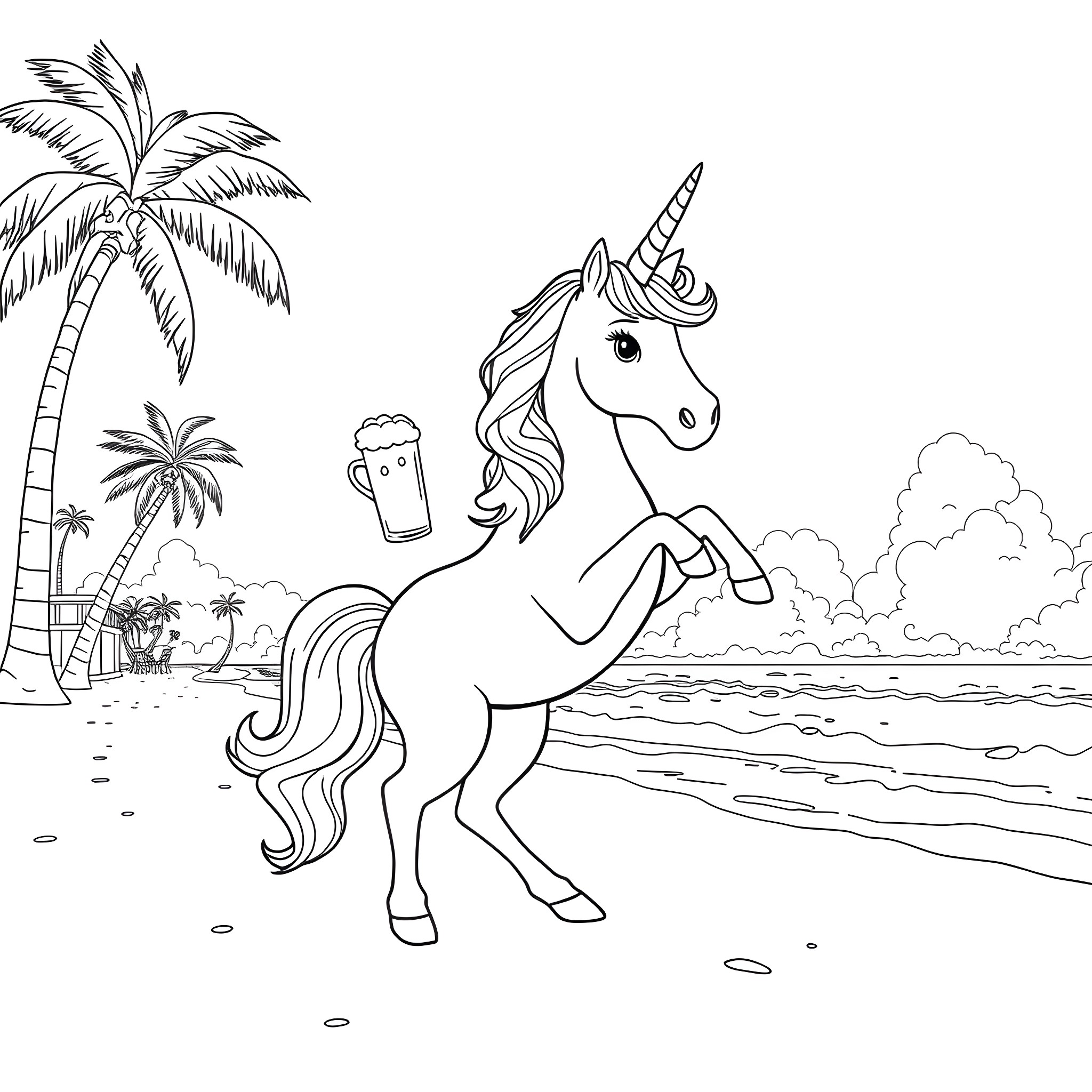 Unicorn playing happily on the beach Coloring Page (free black-and-white line drawing printable PDF for all, from beginners to advanced learners, including children, teens, adults, and seniors)
