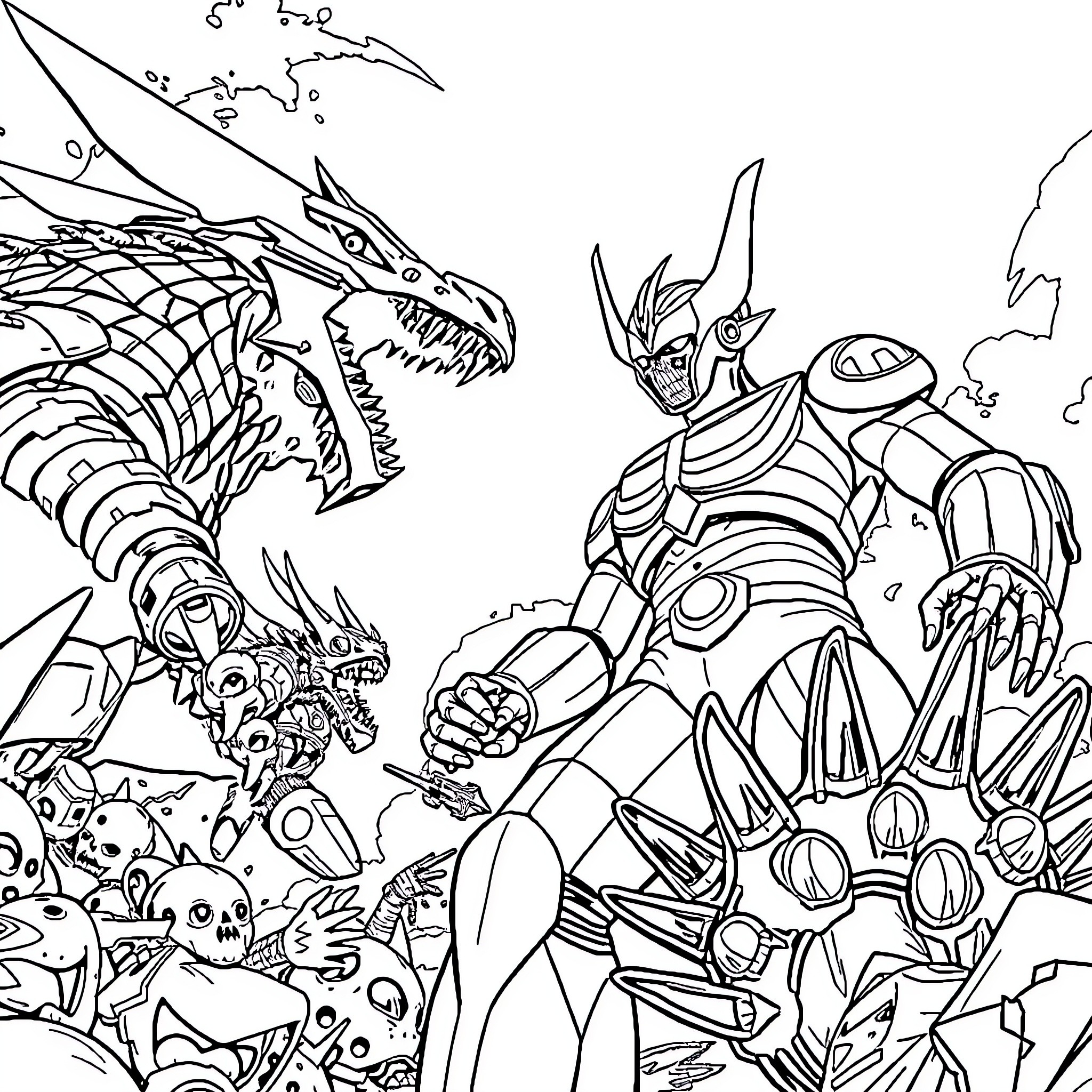 Ultraman battling a fearsome dragon-like creature Coloring Page (free black-and-white line drawing printable PDF for all, from beginners to advanced learners, including children, teens, adults, and seniors)