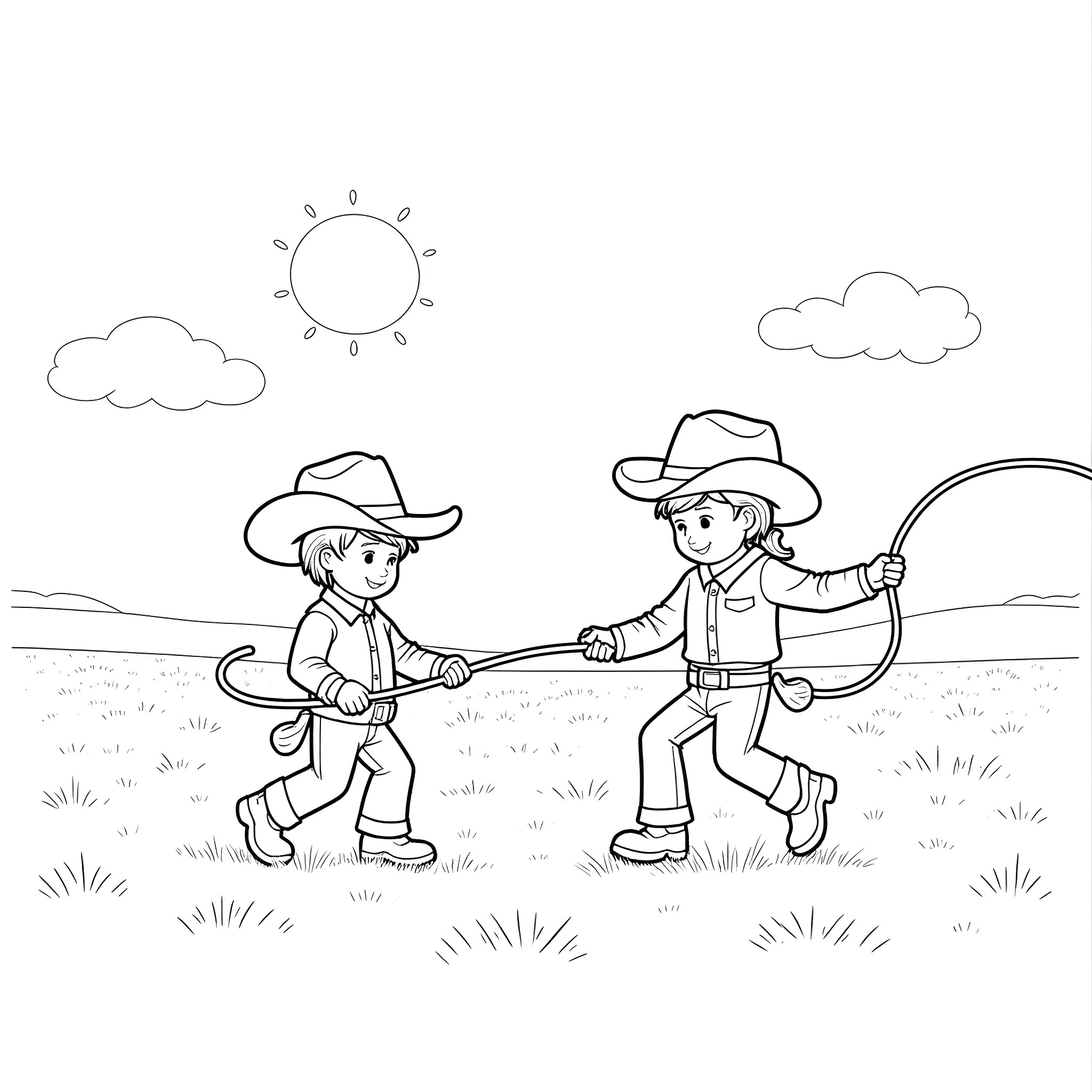 Cowboy friends playing tug-of-war in the countryside Coloring Page (free black-and-white line drawing printable PDF for all, from beginners to advanced learners, including children, teens, adults, and seniors)