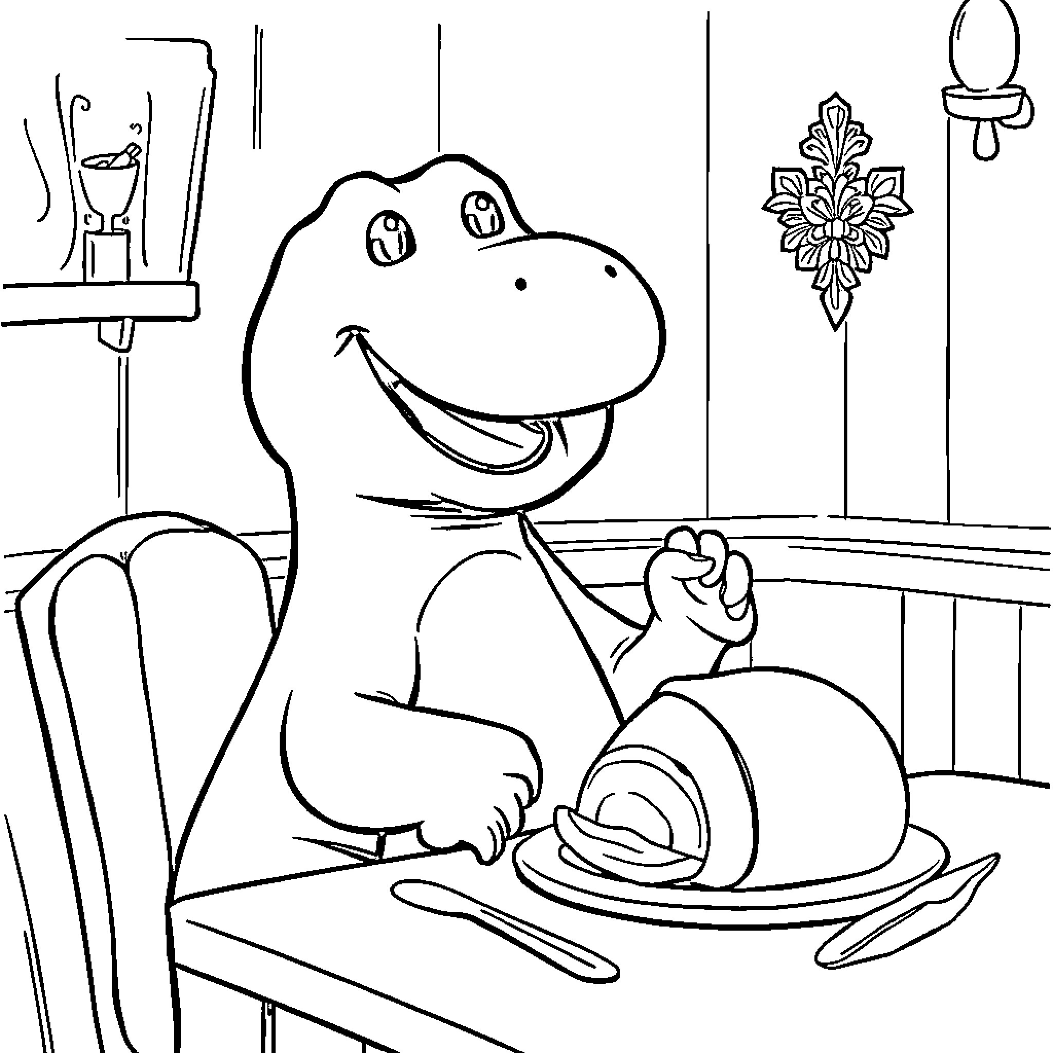 Barney enjoying a delicious meal in his cozy home Coloring Page (free black-and-white line drawing printable PDF for all, from beginners to advanced learners, including children, teens, adults, and seniors)