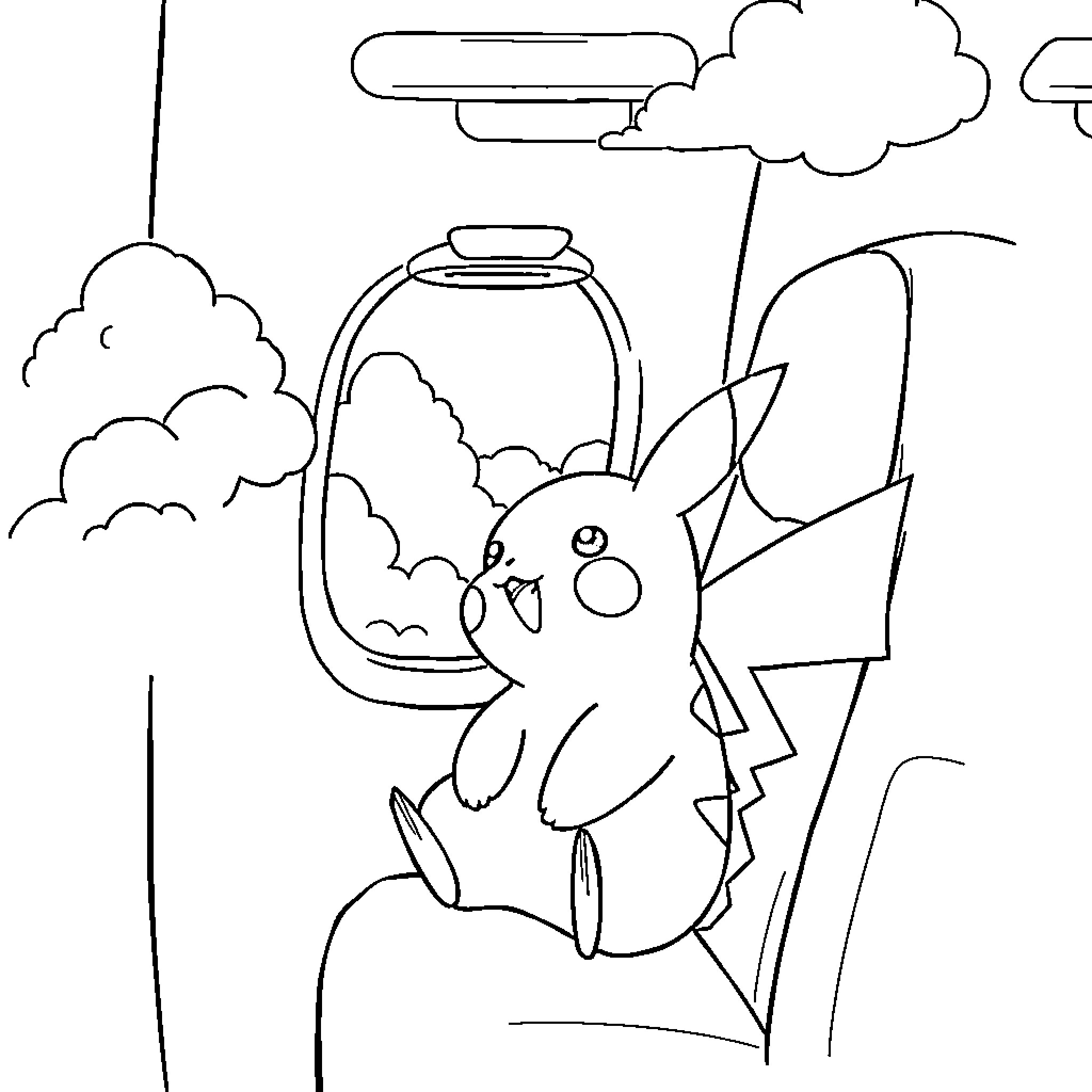 Pikachu's Electrifying Adventure in the Sky Coloring Page (free black-and-white line drawing printable PDF for all, from beginners to advanced learners, including children, teens, adults, and seniors)