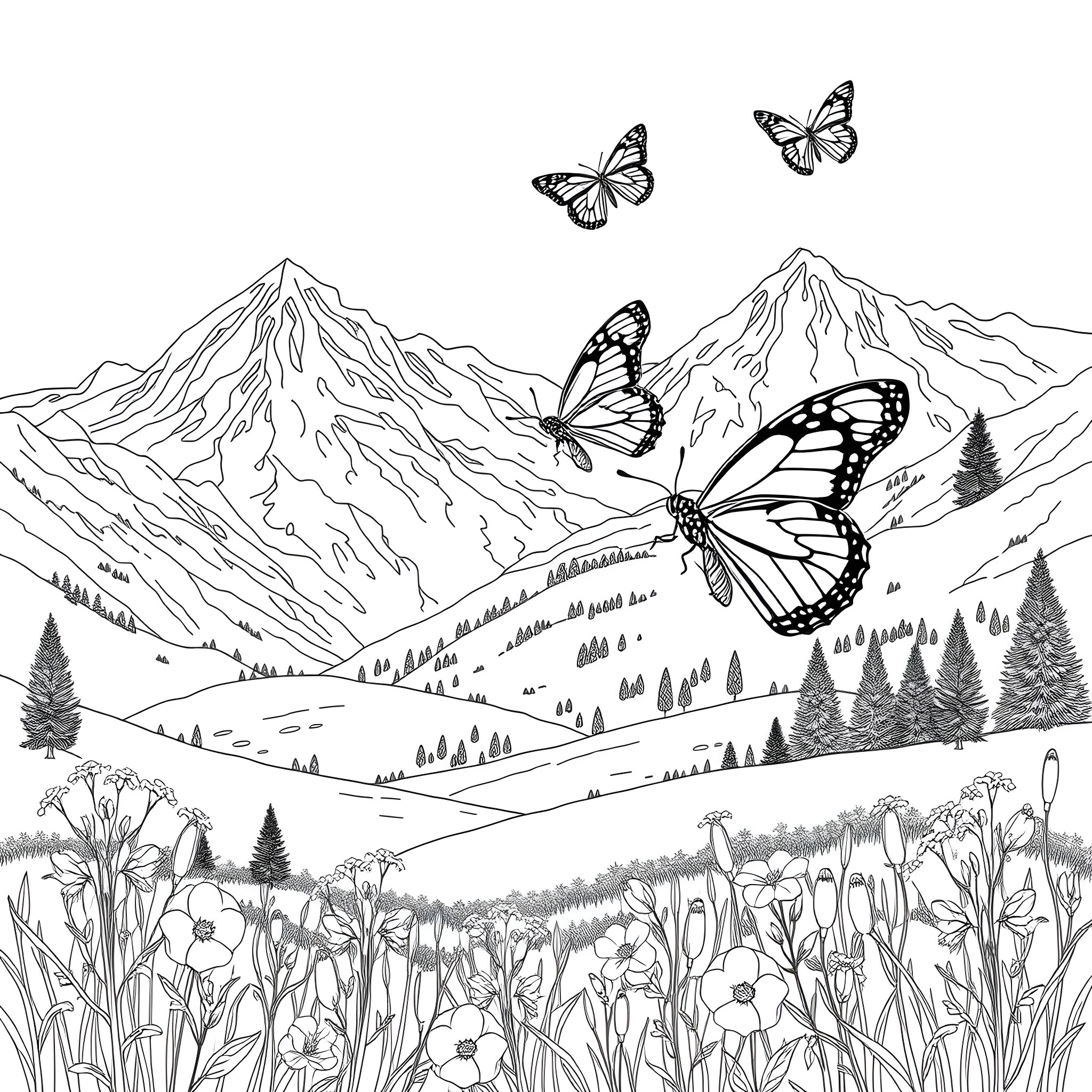 Butterfly flight over the mountain meadow Coloring Page (free black-and-white line drawing printable PDF for all, from beginners to advanced learners, including children, teens, adults, and seniors)