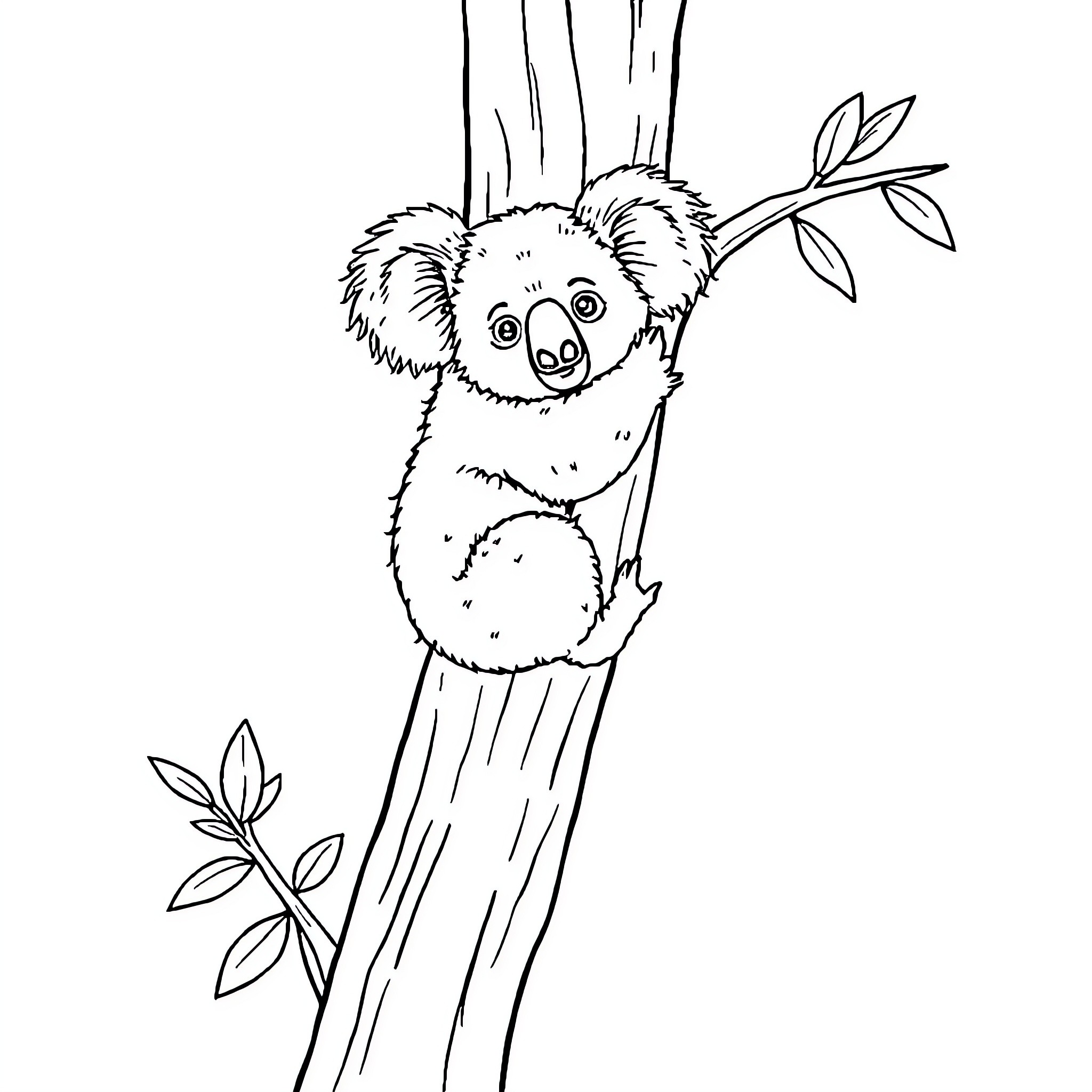 Koala climbing on a tree branch Coloring Page (free black-and-white line drawing printable PDF for all, from beginners to advanced learners, including children, teens, adults, and seniors)