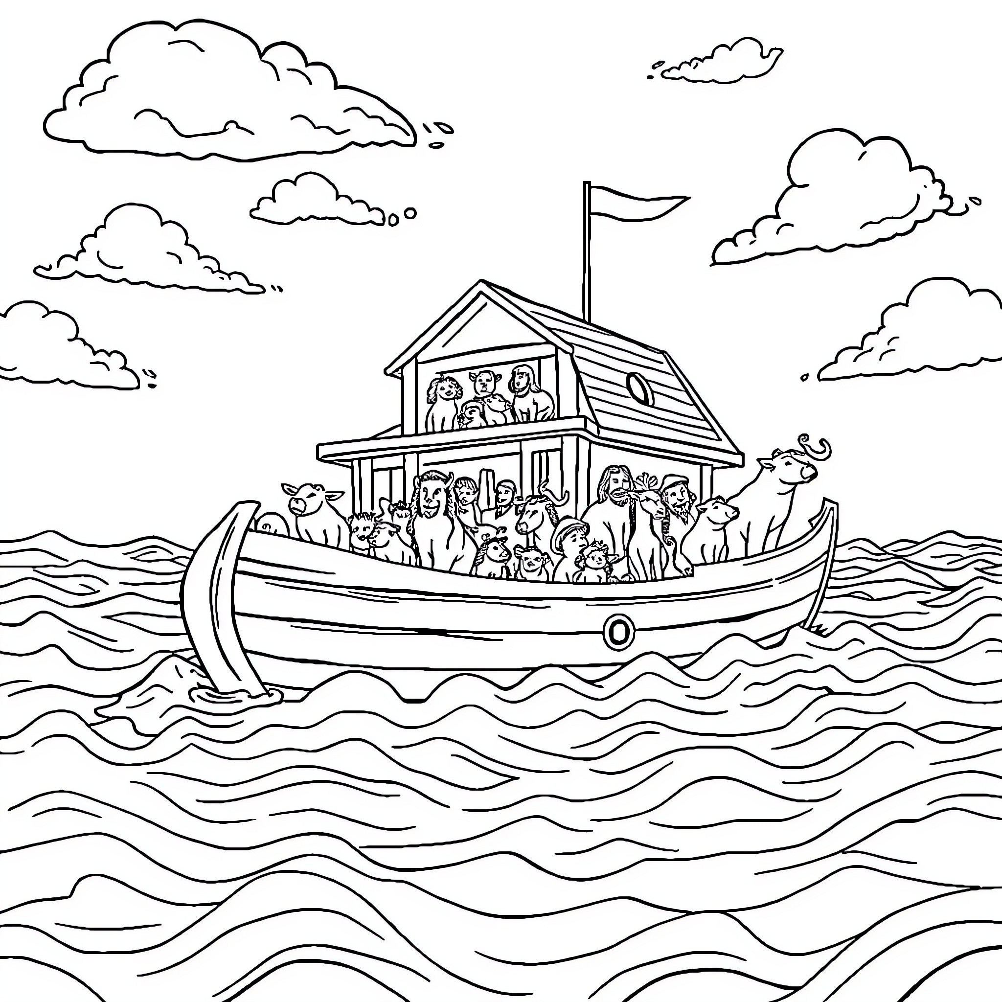 Noah's Ark with animals and people on the stormy sea Coloring Page (free black-and-white line drawing printable PDF for all, from beginners to advanced learners, including children, teens, adults, and seniors)