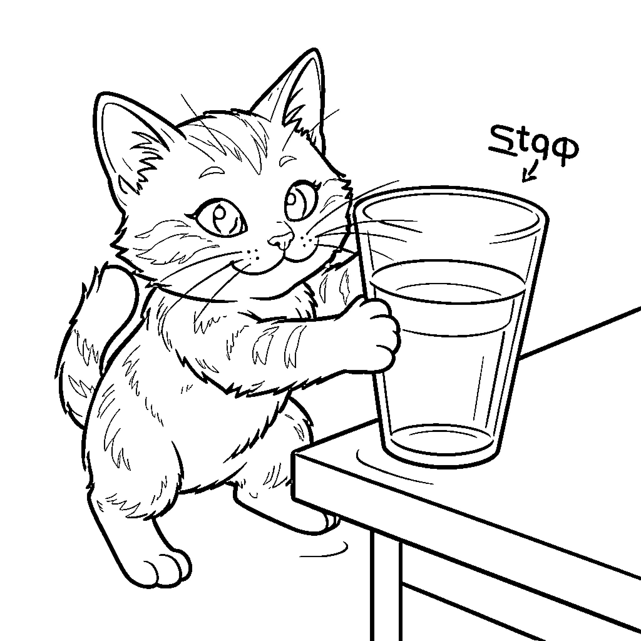 Gato stops at the bar Coloring Page (free black-and-white line drawing printable PDF for all, from beginners to advanced learners, including children, teens, adults, and seniors)