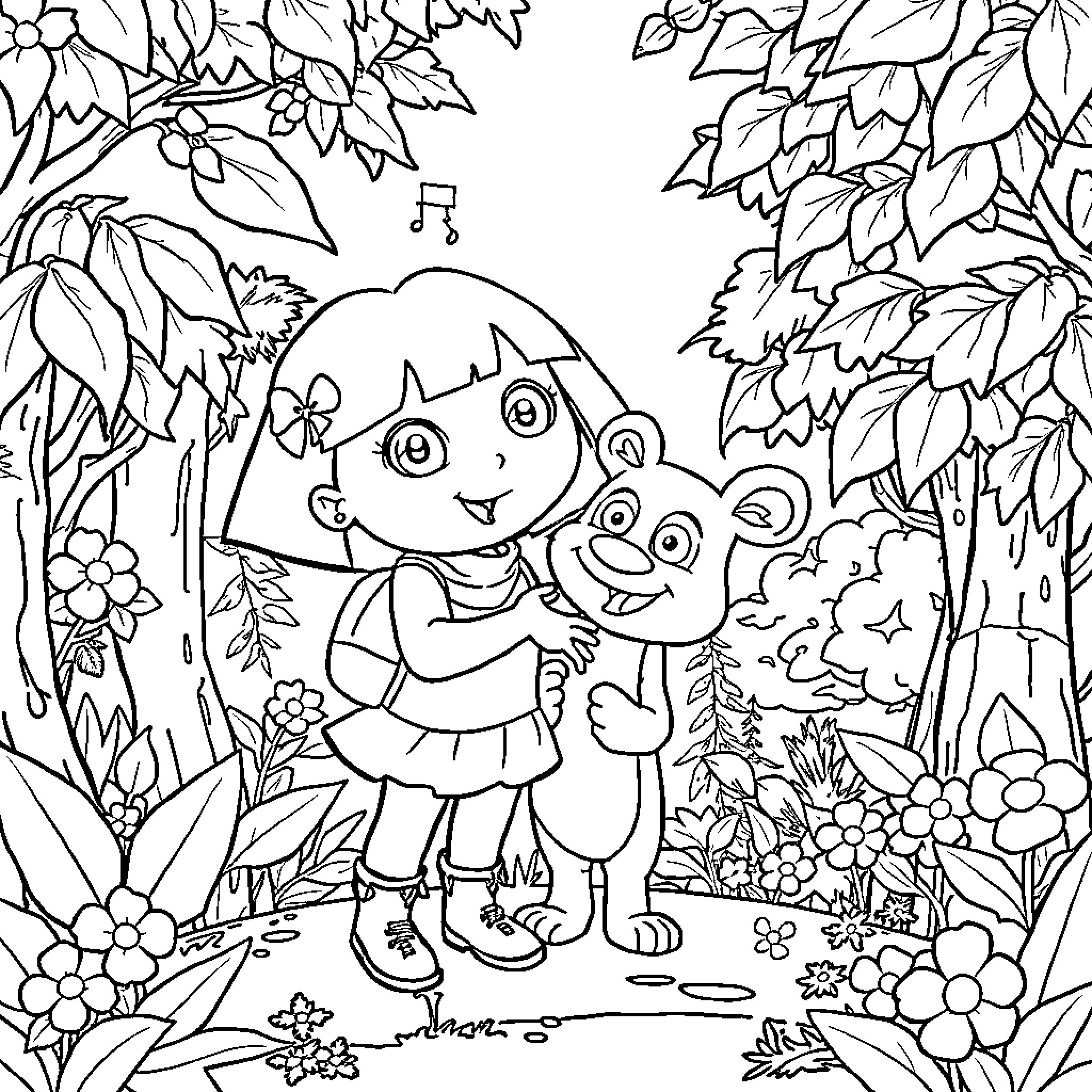 Dora and Boots exploring the magical forest Coloring Page (free black-and-white line drawing printable PDF for all, from beginners to advanced learners, including children, teens, adults, and seniors)