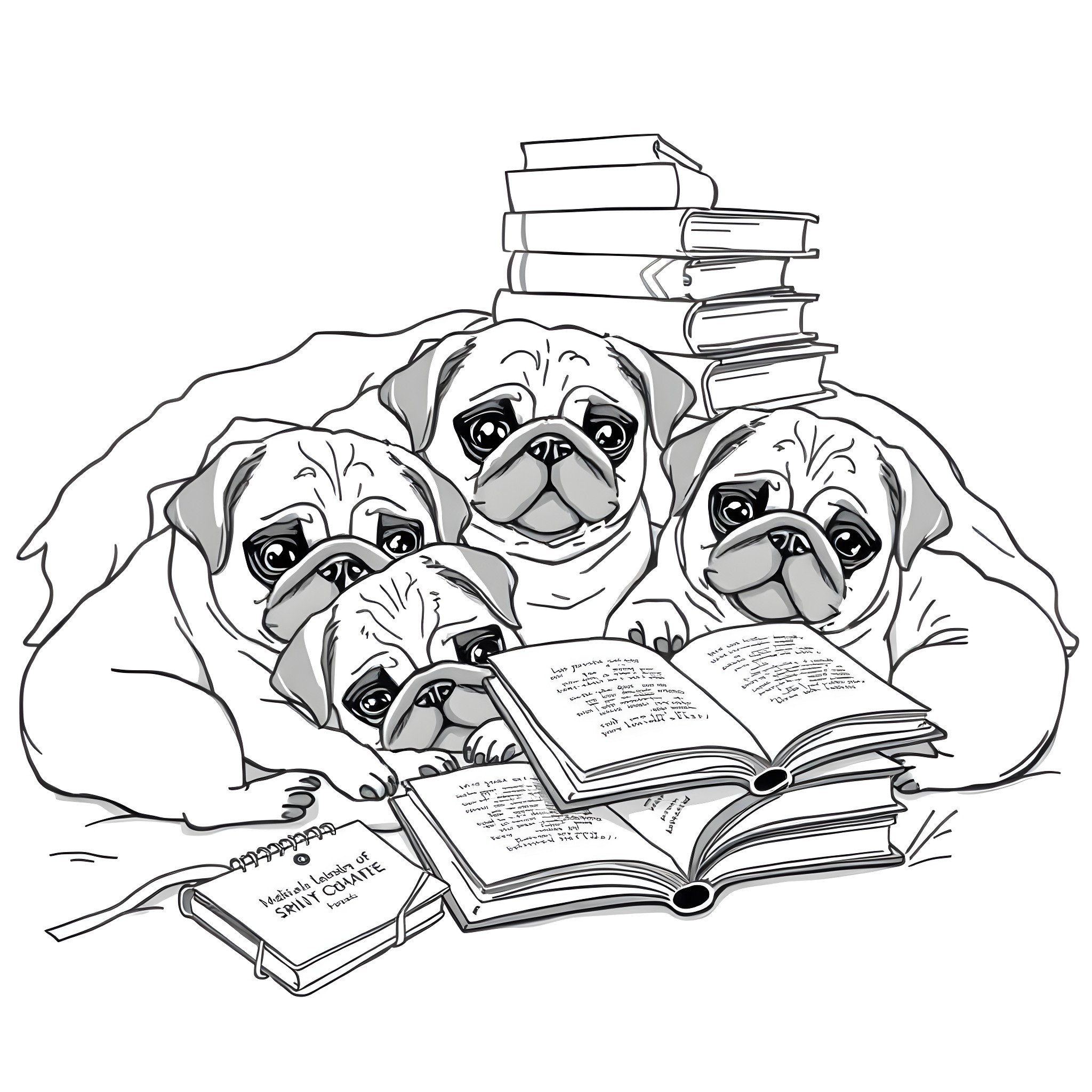 Pug Puppies Surrounded by Books and Reading Coloring Page (free black-and-white line drawing printable PDF for all, from beginners to advanced learners, including children, teens, adults, and seniors)