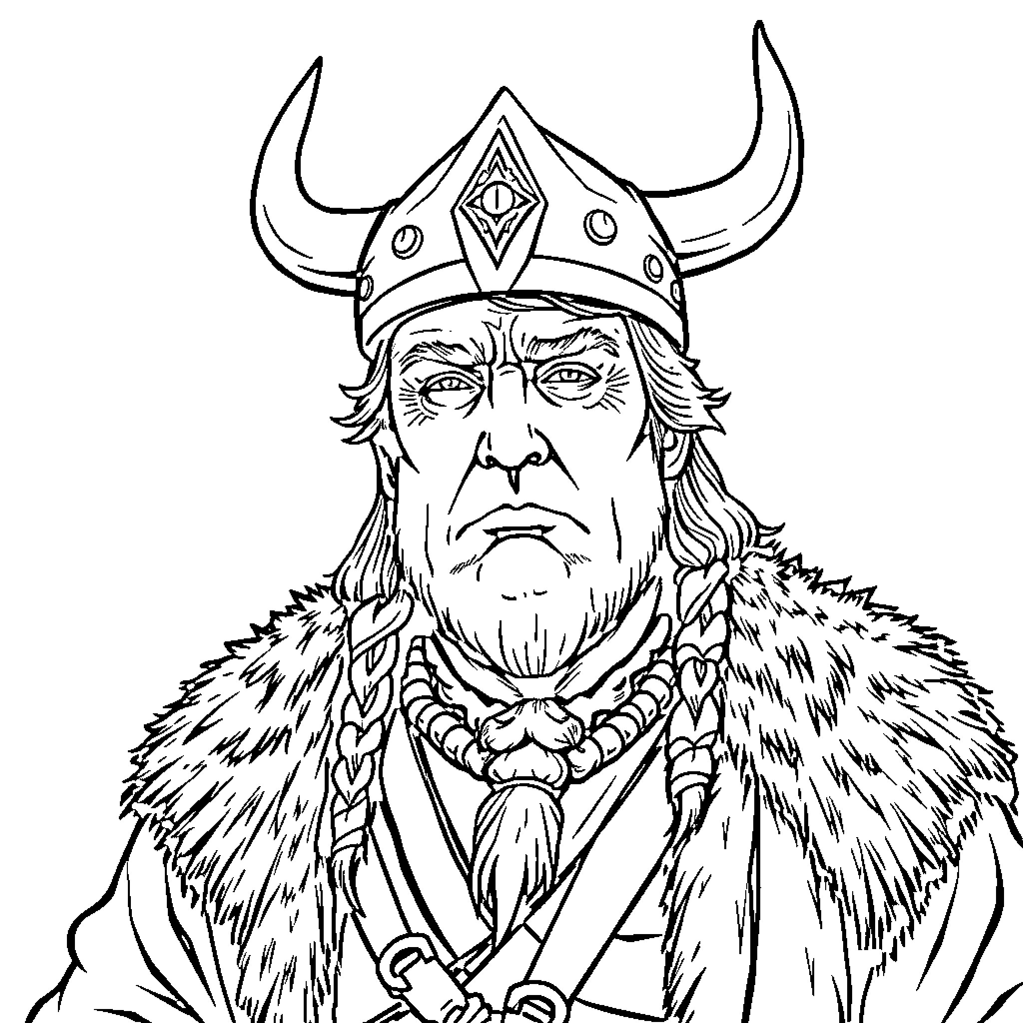 Donald Trump as a Viking Warrior in Battle Gear Coloring Page (free black-and-white line drawing printable PDF for all, from beginners to advanced learners, including children, teens, adults, and seniors)