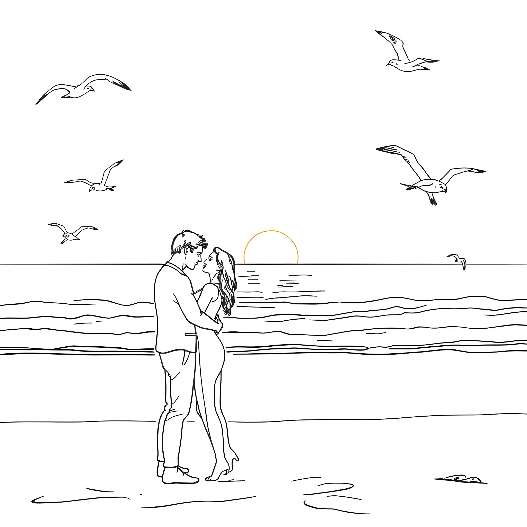 Couple embracing on the beach at sunset Coloring Page (free black-and-white line drawing printable PDF for all, from beginners to advanced learners, including children, teens, adults, and seniors)