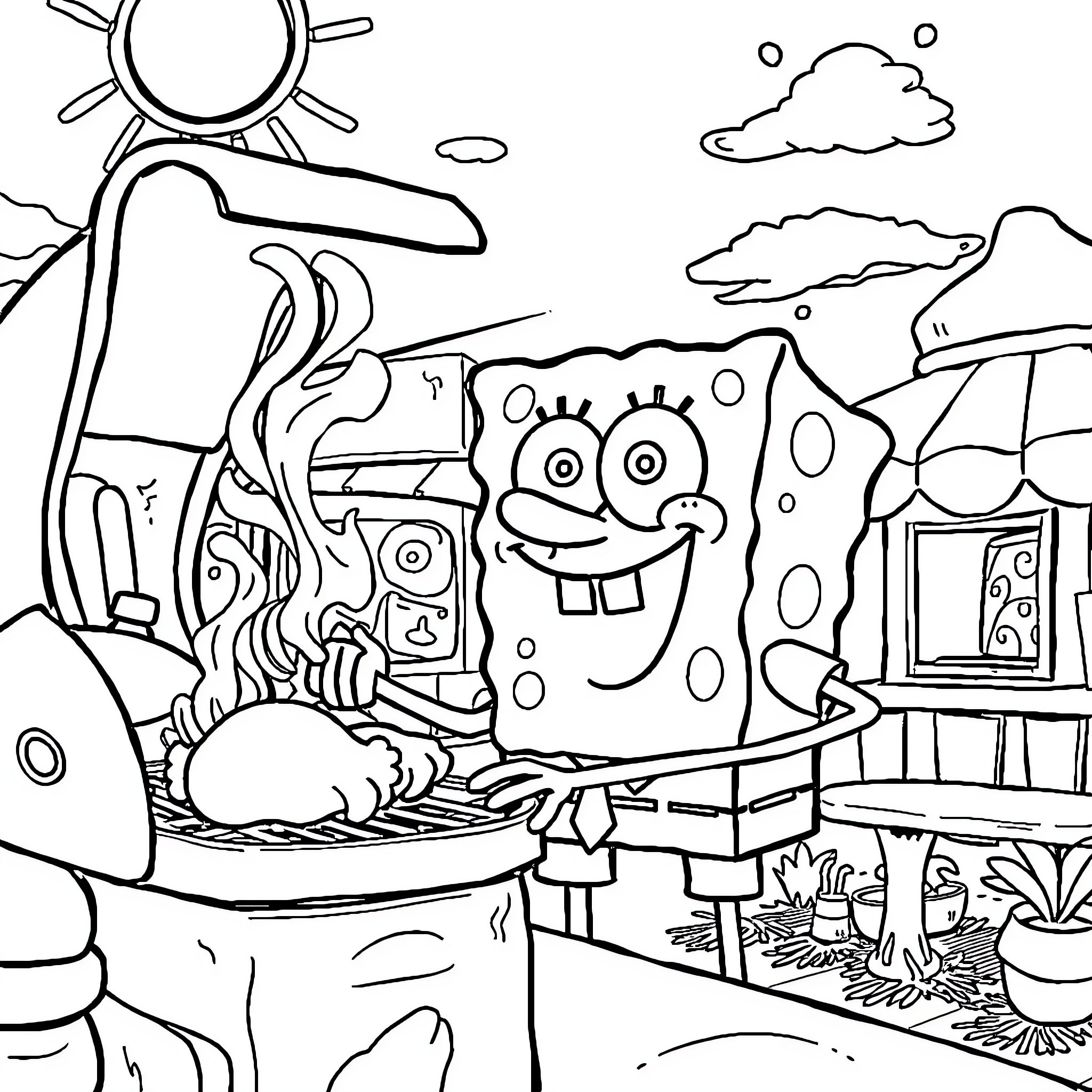 Spongebob enjoying a sunny day in his underwater home Coloring Page (free black-and-white line drawing printable PDF for all, from beginners to advanced learners, including children, teens, adults, and seniors)