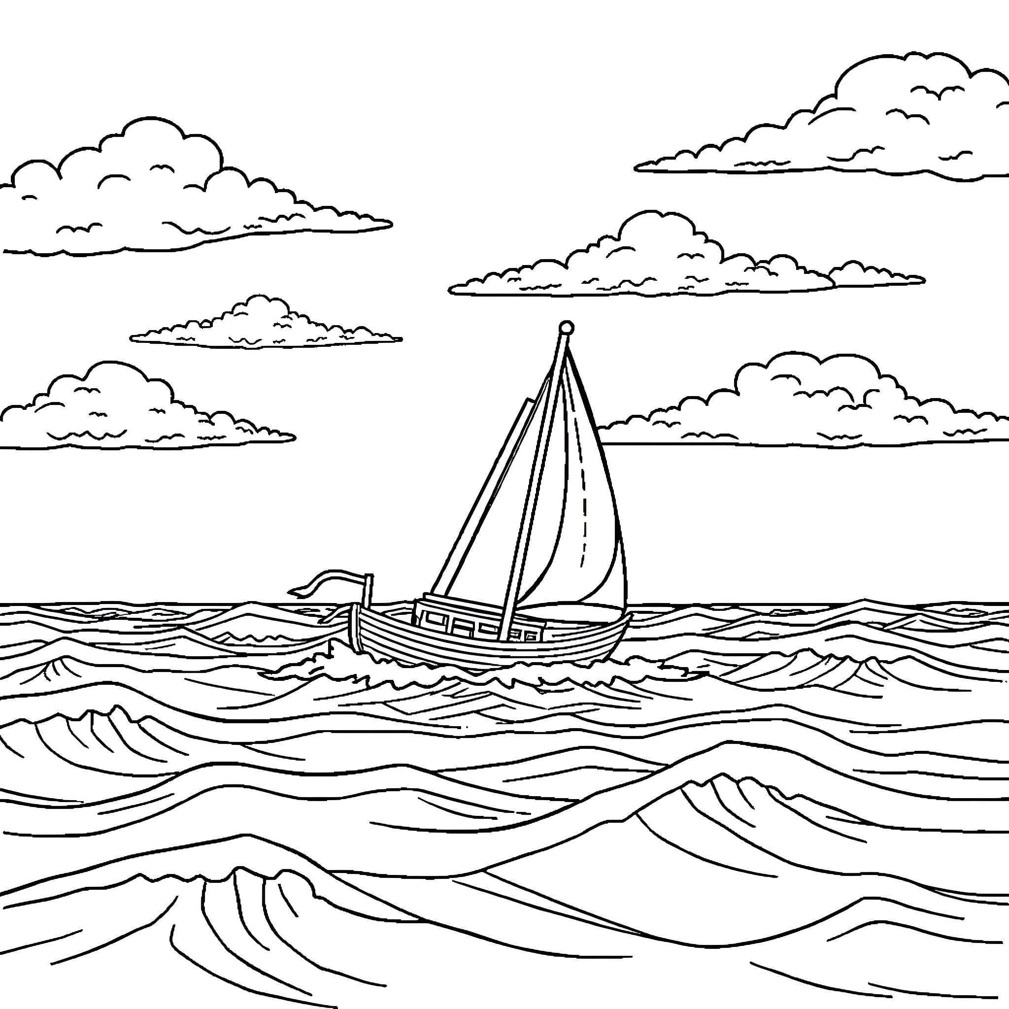 Ocean sailing adventure on a stormy day Coloring Page (free black-and-white line drawing printable PDF for all, from beginners to advanced learners, including children, teens, adults, and seniors)