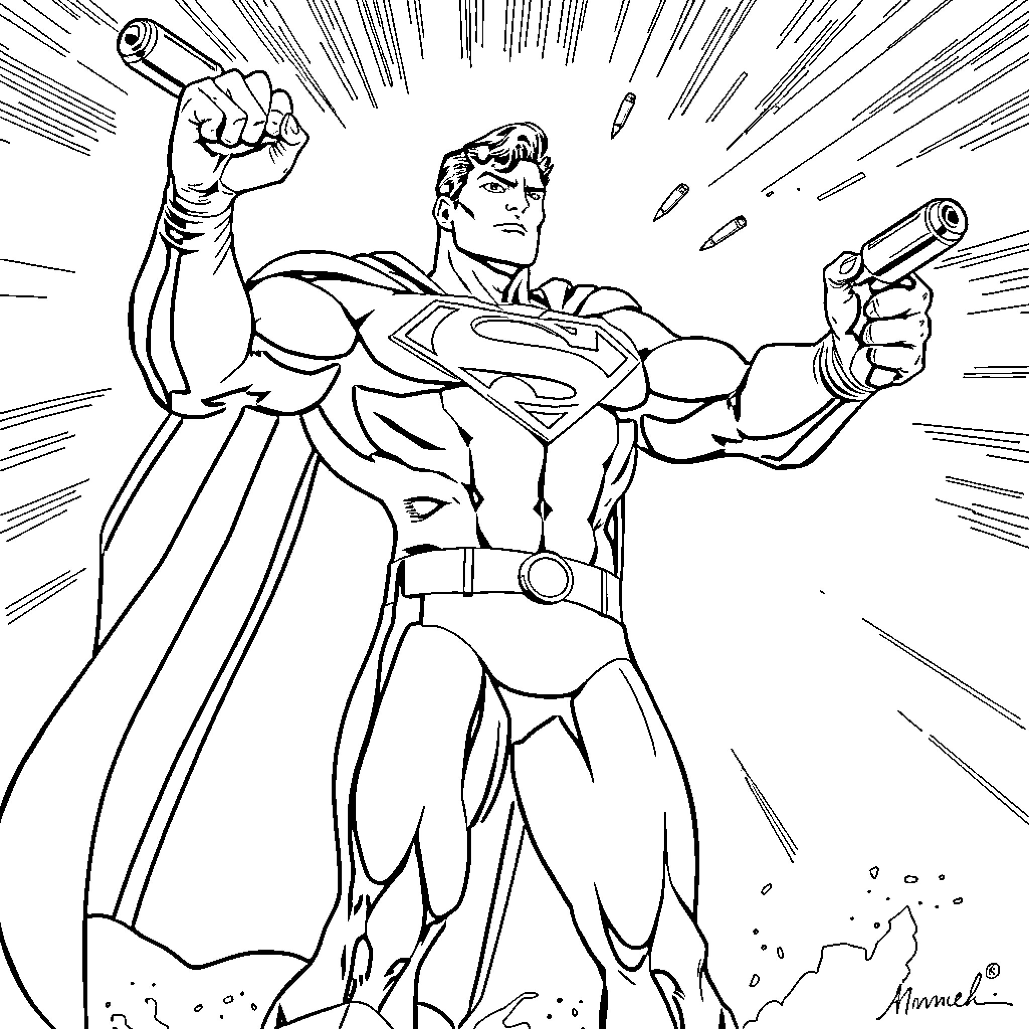 Superman's Heroic Pose with Superpowers in Action Coloring Page (free black-and-white line drawing printable PDF for all, from beginners to advanced learners, including children, teens, adults, and seniors)