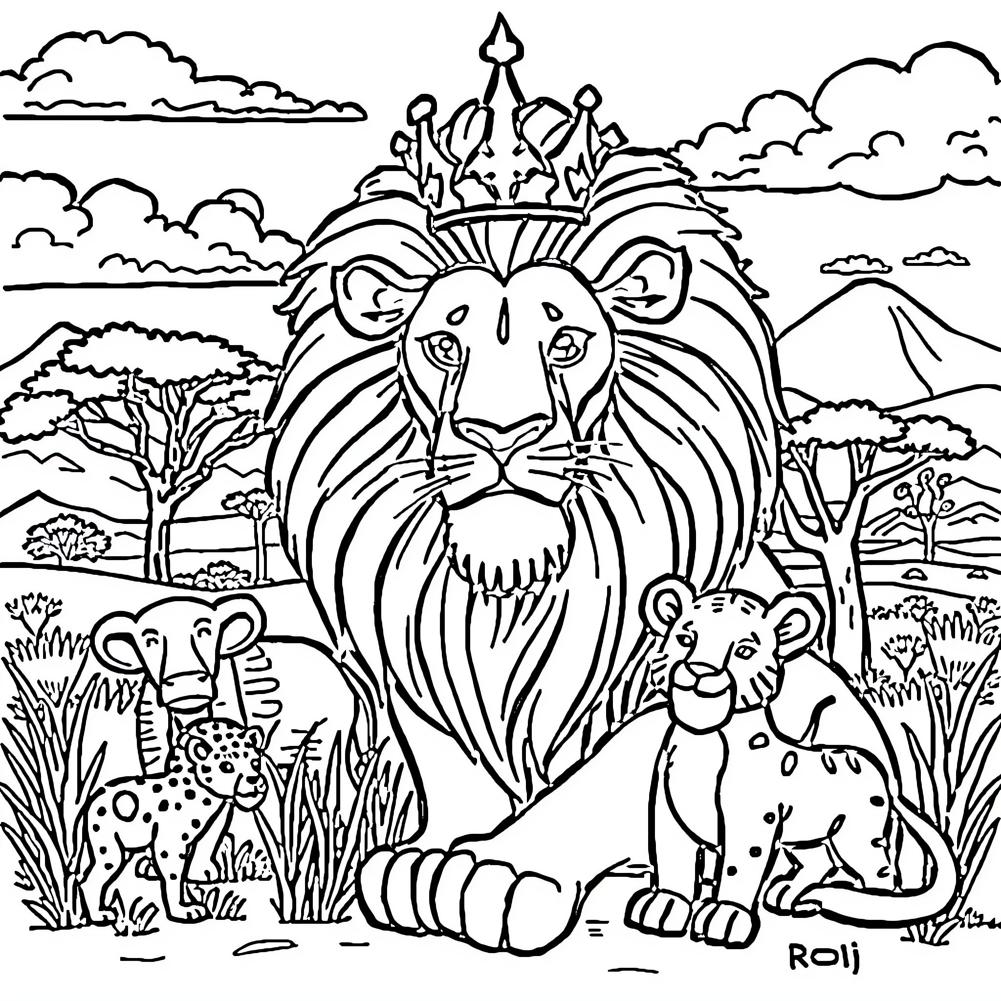 Lion King and His Animal Kingdom Coloring Page (free black-and-white line drawing printable PDF for all, from beginners to advanced learners, including children, teens, adults, and seniors)