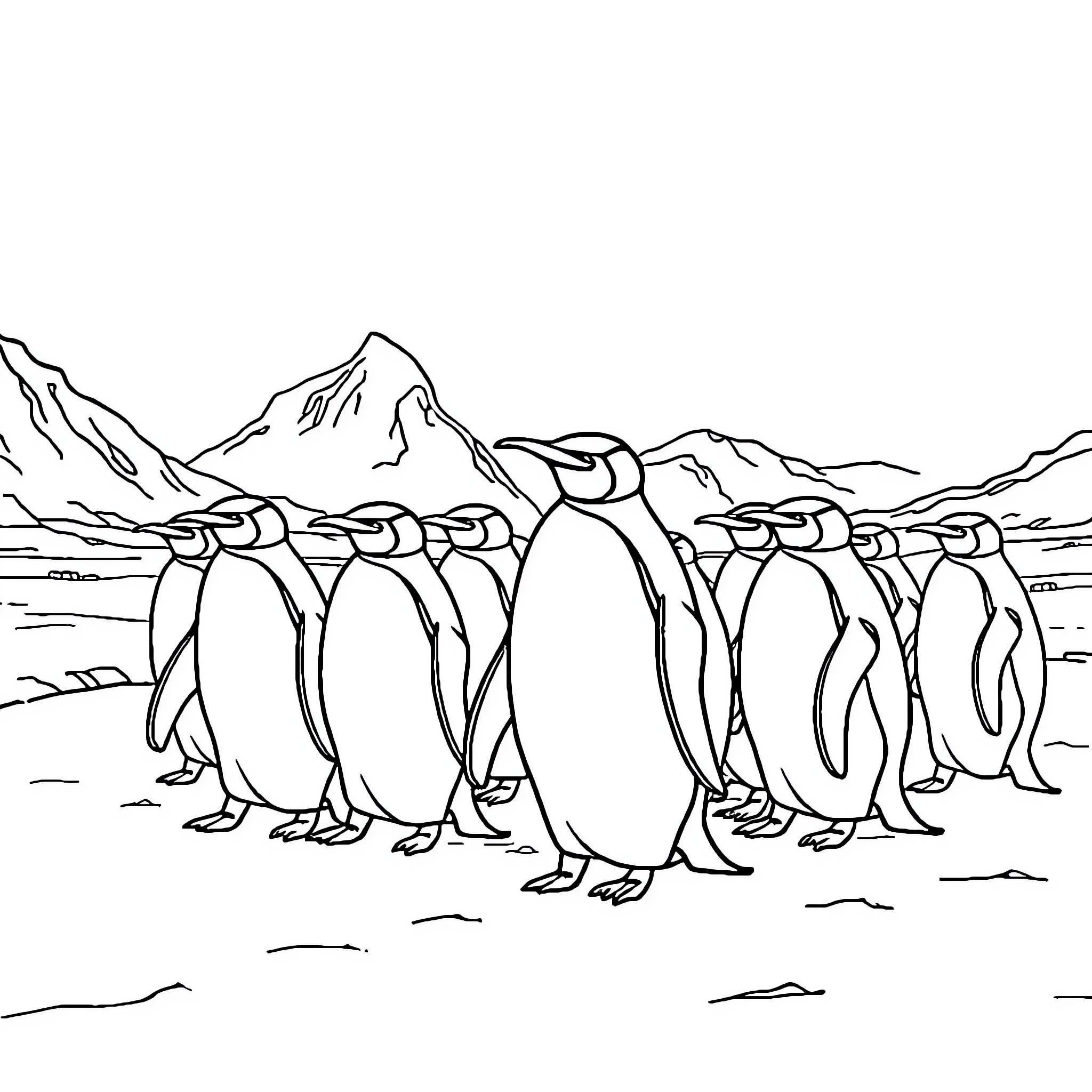Penguins Huddling Together in Snowy Landscape Coloring Page (free black-and-white line drawing printable PDF for all, from beginners to advanced learners, including children, teens, adults, and seniors)