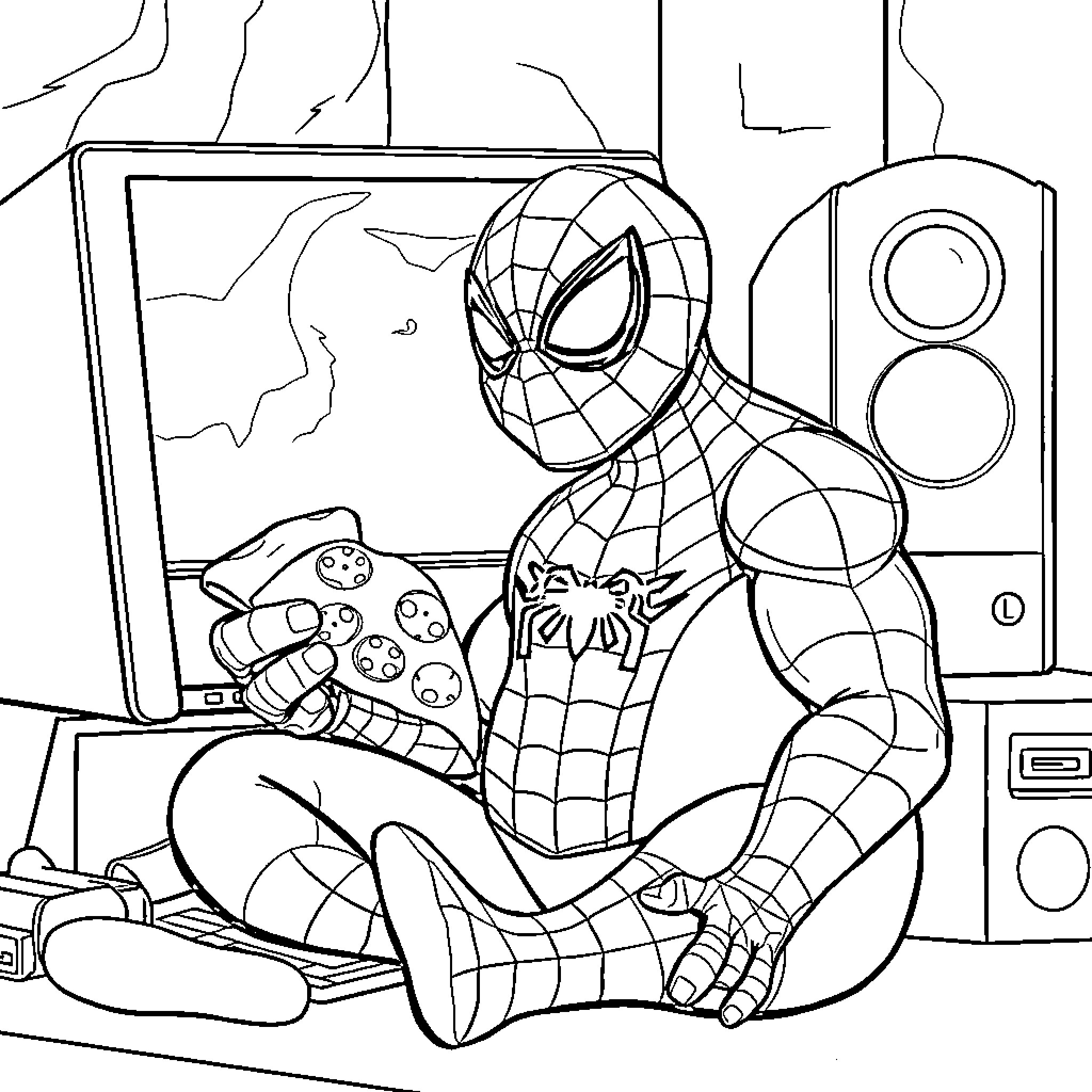 Spiderman playing video games in his room Coloring Page (free black-and-white line drawing printable PDF for all, from beginners to advanced learners, including children, teens, adults, and seniors)