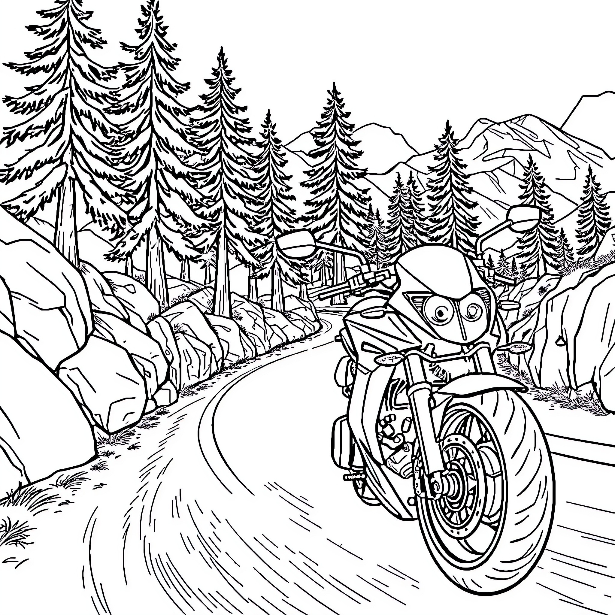Motorcycle on winding mountain road through forest Coloring Page (free black-and-white line drawing printable PDF for all, from beginners to advanced learners, including children, teens, adults, and seniors)