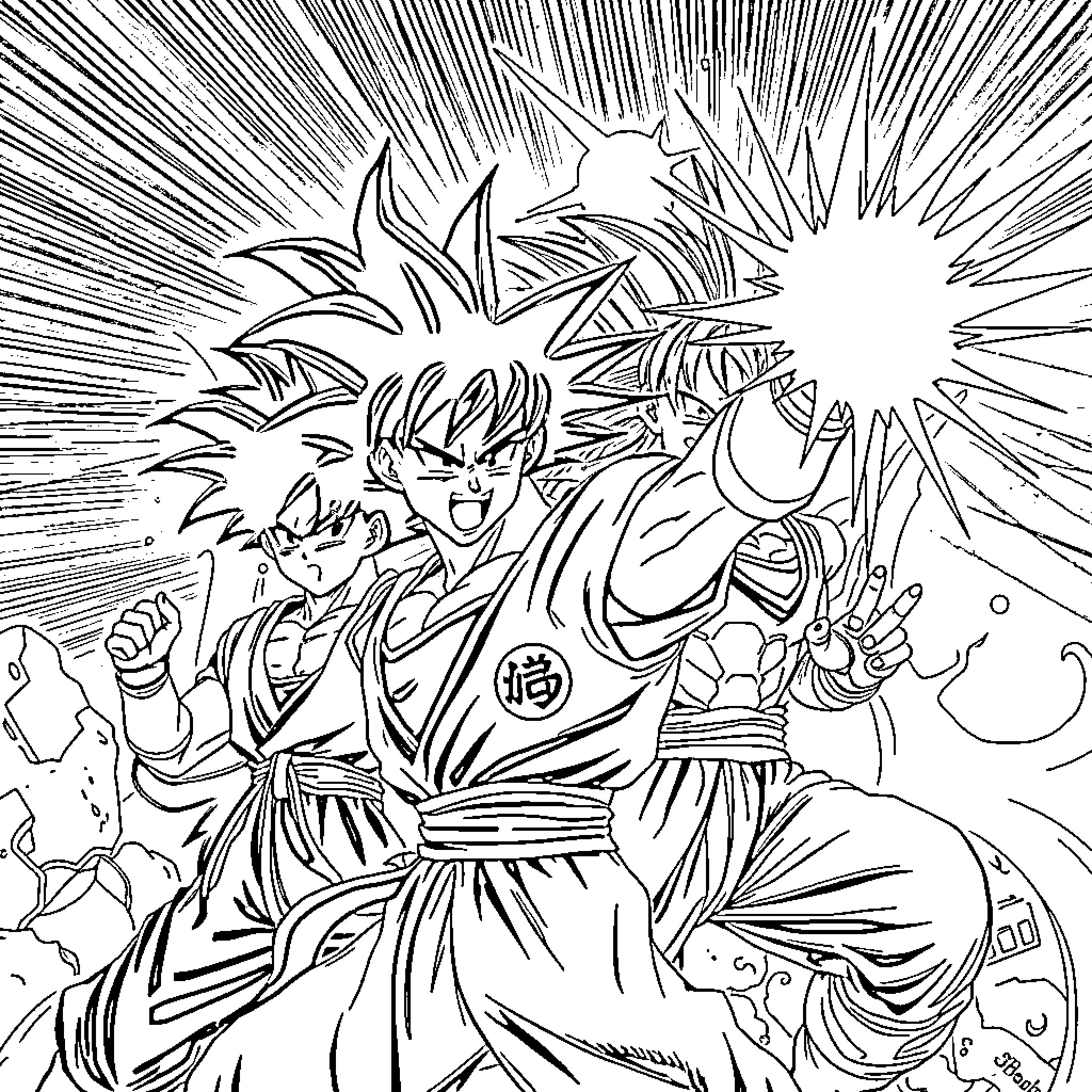 Dragon Ball Z: Intense Battle and Heroic Poses Coloring Page (free black-and-white line drawing printable PDF for all, from beginners to advanced learners, including children, teens, adults, and seniors)