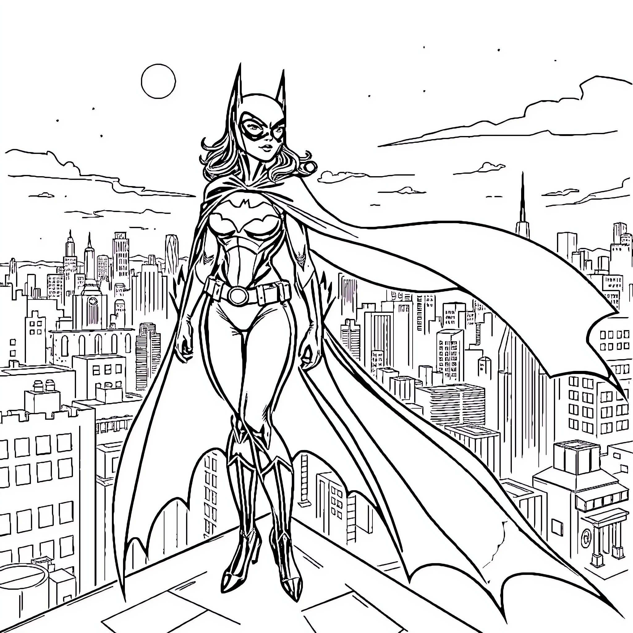 Batwoman in Action over Gotham City Coloring Page (free black-and-white line drawing printable PDF for all, from beginners to advanced learners, including children, teens, adults, and seniors)