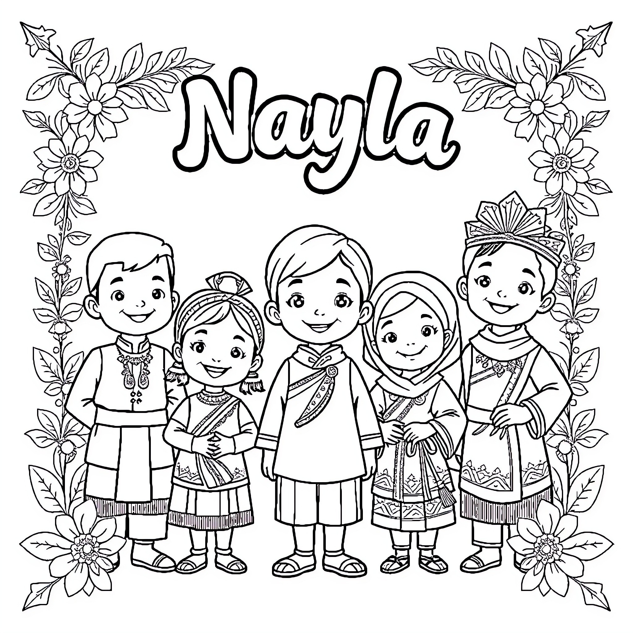 Child characters in traditional outfits with floral decor Coloring Page (free black-and-white line drawing printable PDF for all, from beginners to advanced learners, including children, teens, adults, and seniors)