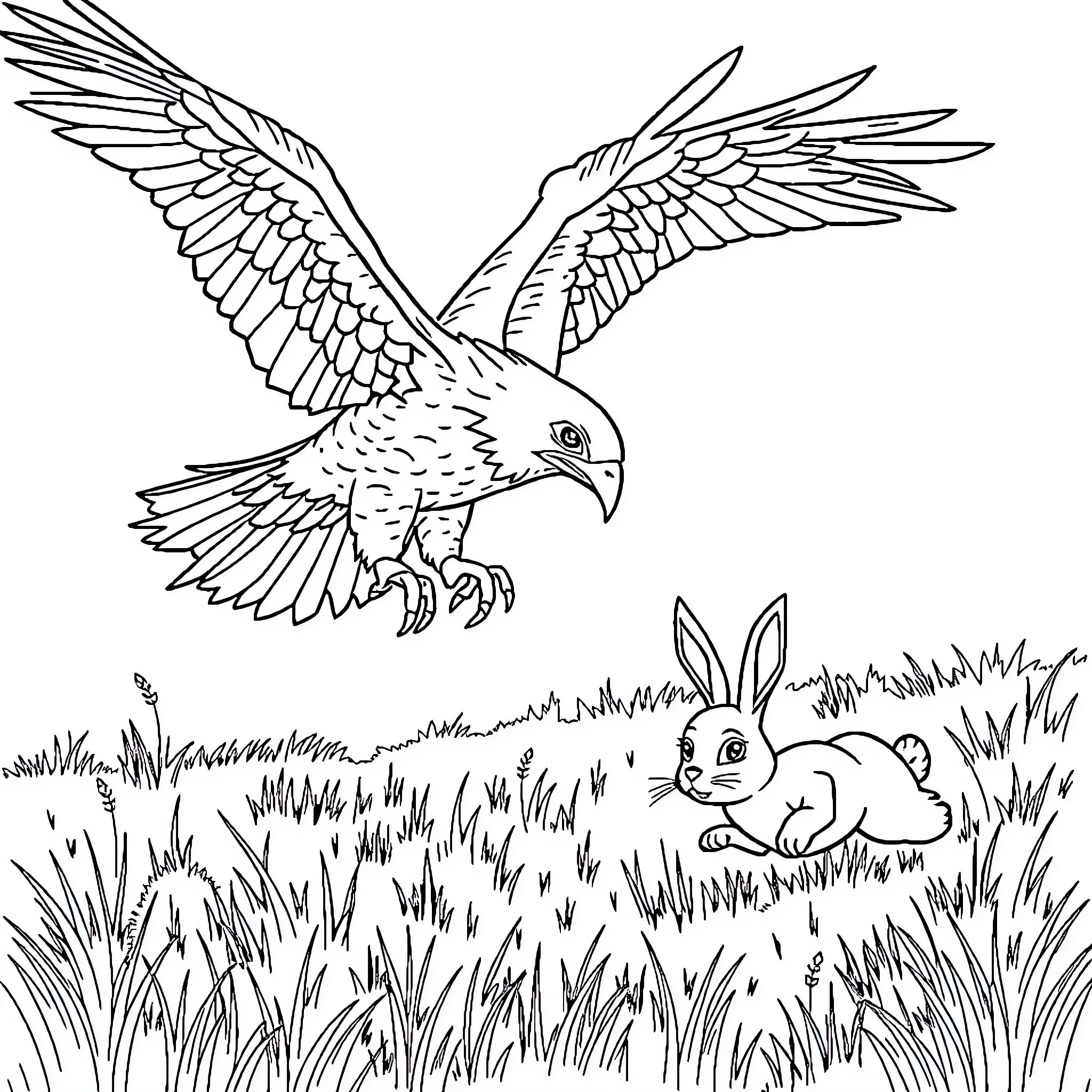 Eagle soaring over grass with a rabbit Coloring Page (free black-and-white line drawing printable PDF for all, from beginners to advanced learners, including children, teens, adults, and seniors)