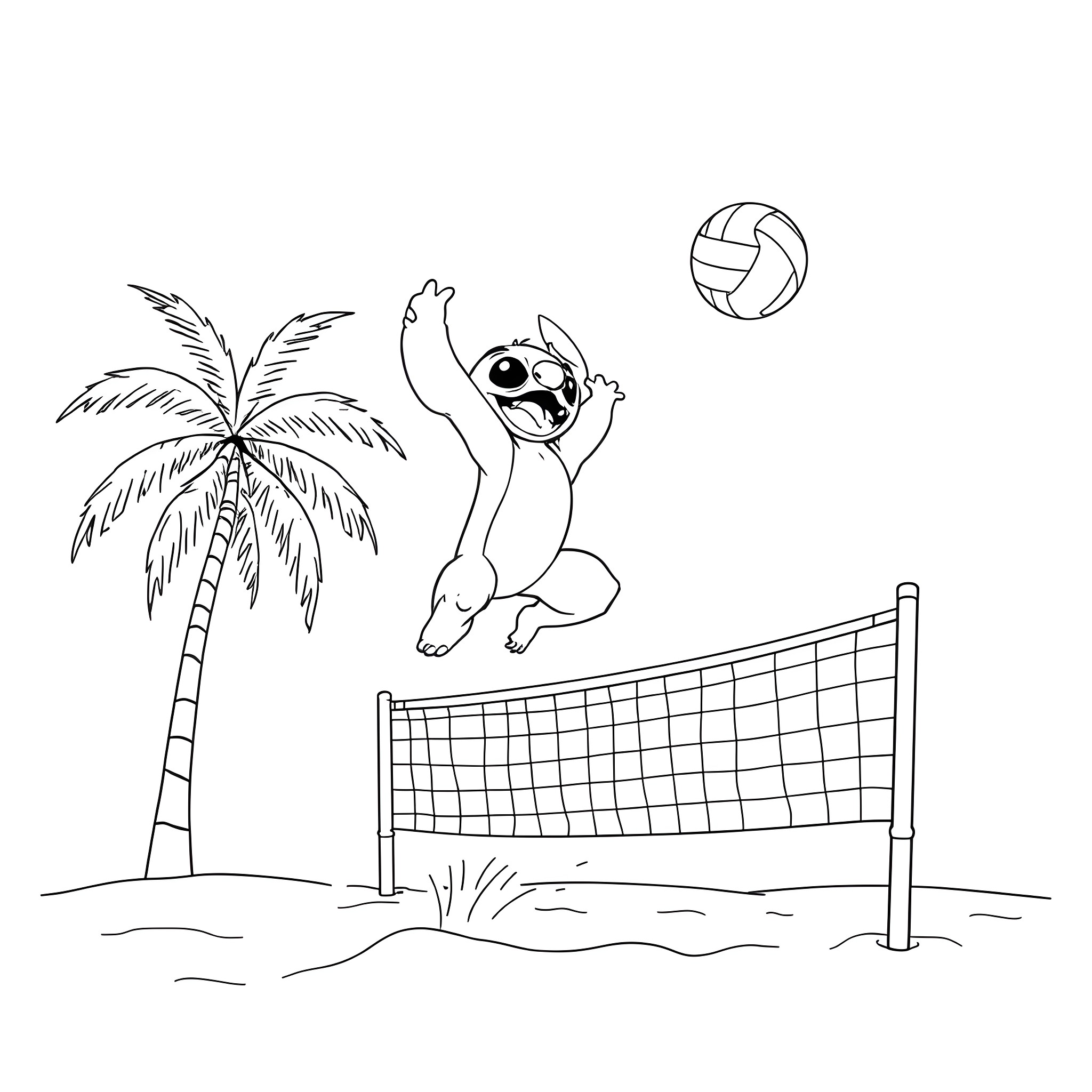 Stitch playing beach volleyball under the palm tree Coloring Page (free black-and-white line drawing printable PDF for all, from beginners to advanced learners, including children, teens, adults, and seniors)