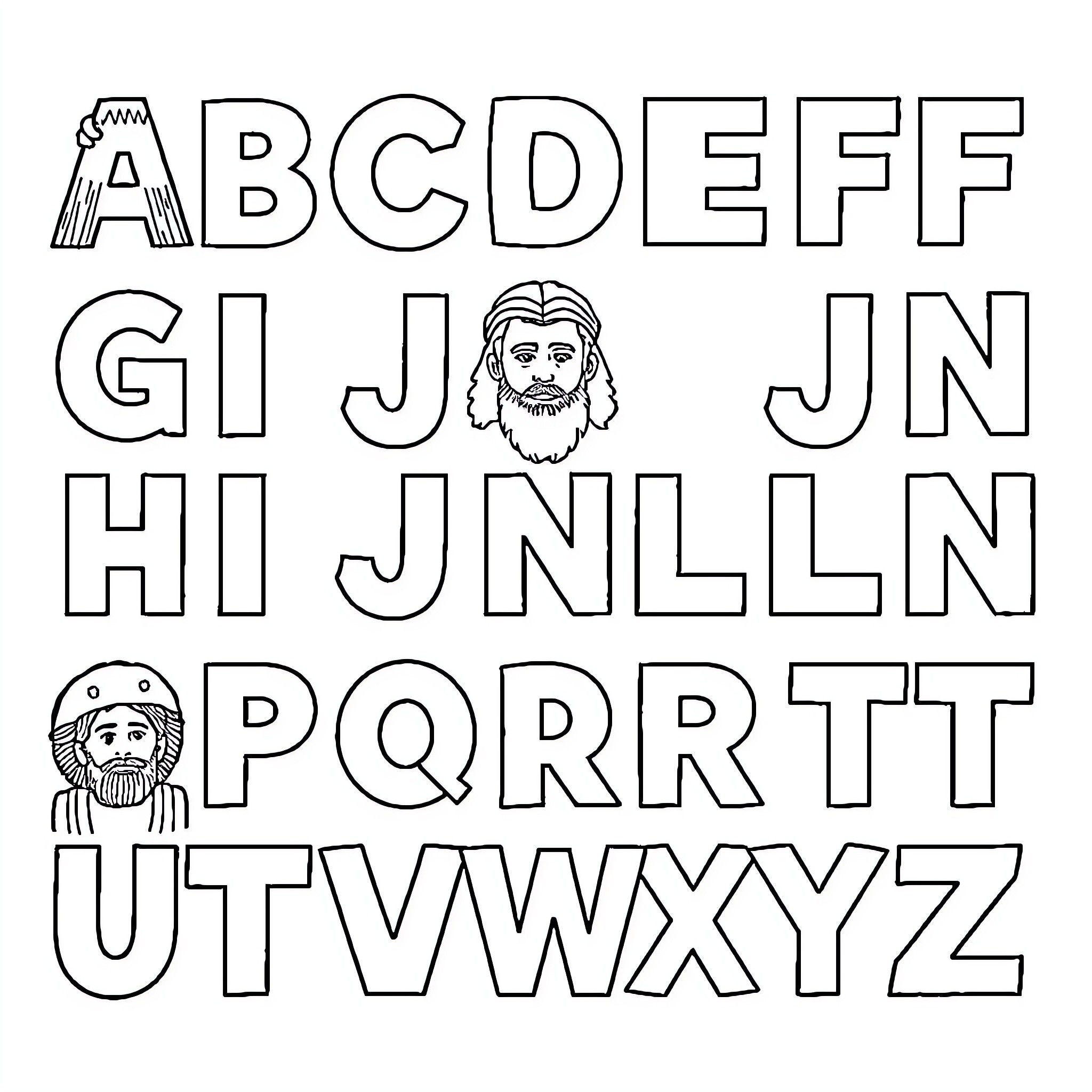Scripture depicting alphabets and religious figures Coloring Page (free black-and-white line drawing printable PDF for all, from beginners to advanced learners, including children, teens, adults, and seniors)