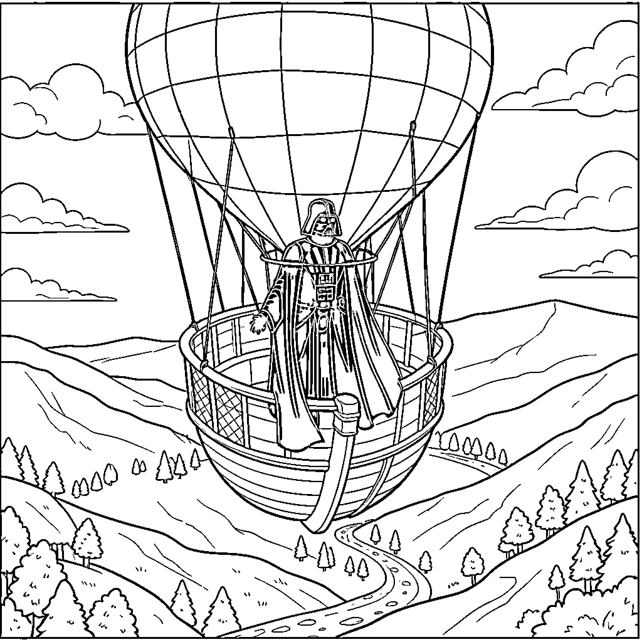 Darth Vader standing in a hot air balloon Coloring Page (free black-and-white line drawing printable PDF for all, from beginners to advanced learners, including children, teens, adults, and seniors)