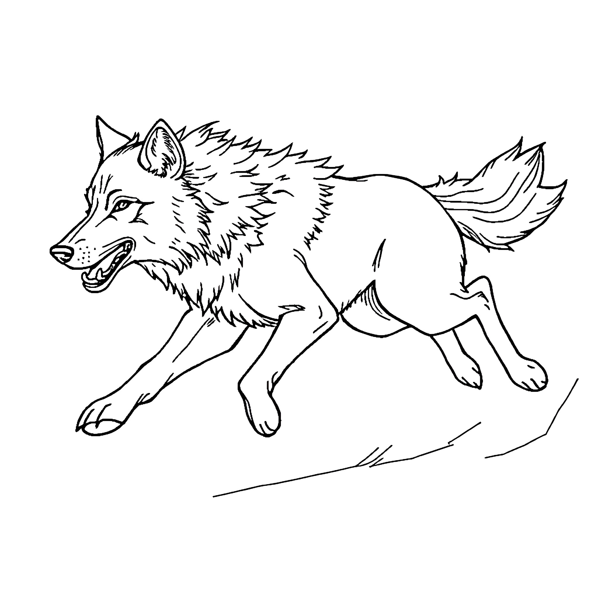 Wolf running swiftly through the wilderness Coloring Page (free black-and-white line drawing printable PDF for all, from beginners to advanced learners, including children, teens, adults, and seniors)