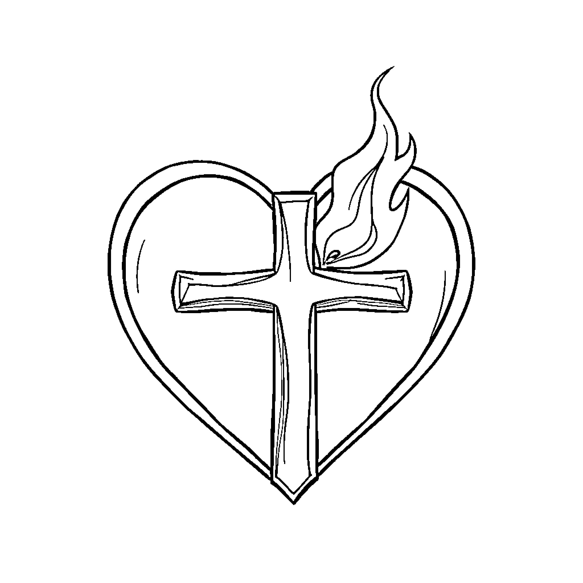 Cross of Faith with Burning Flames Coloring Page (free black-and-white line drawing printable PDF for all, from beginners to advanced learners, including children, teens, adults, and seniors)