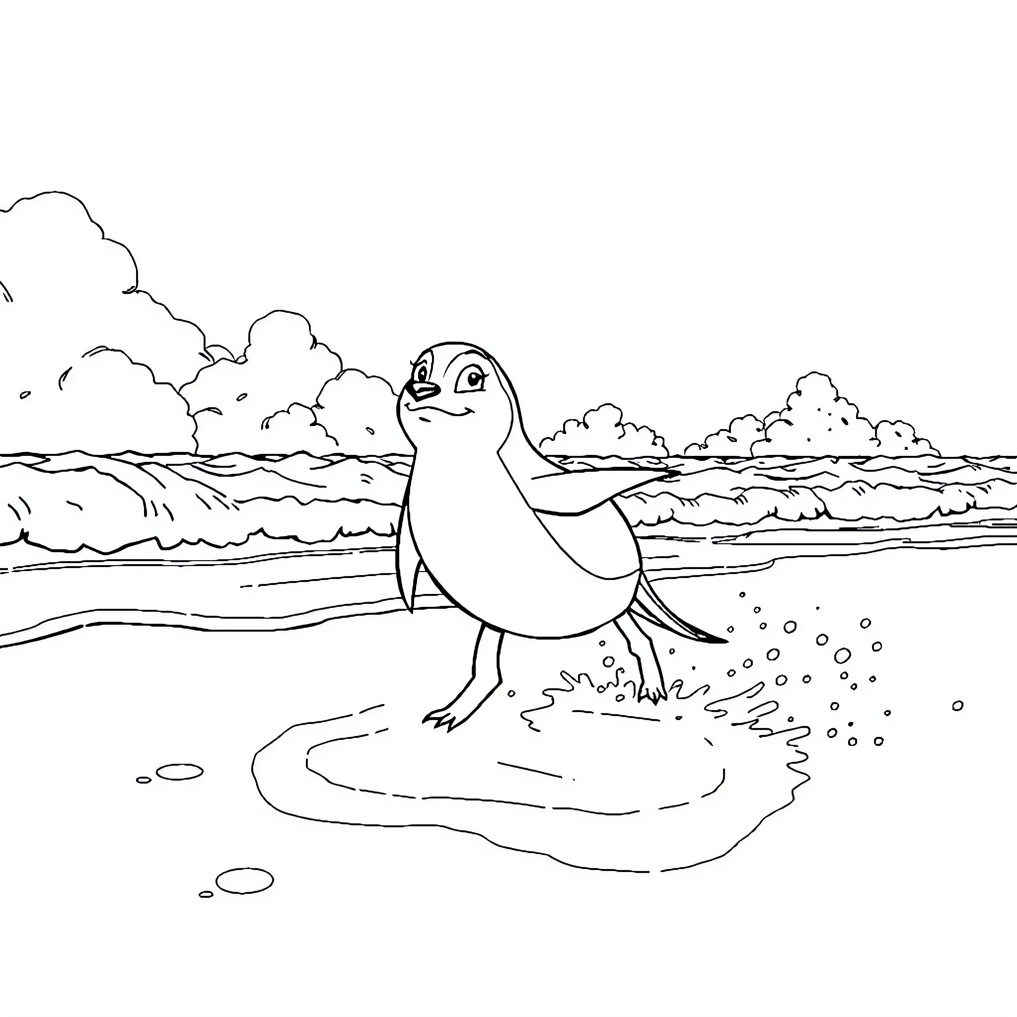 Paw Patrol character enjoying beach activities Coloring Page (free black-and-white line drawing printable PDF for all, from beginners to advanced learners, including children, teens, adults, and seniors)