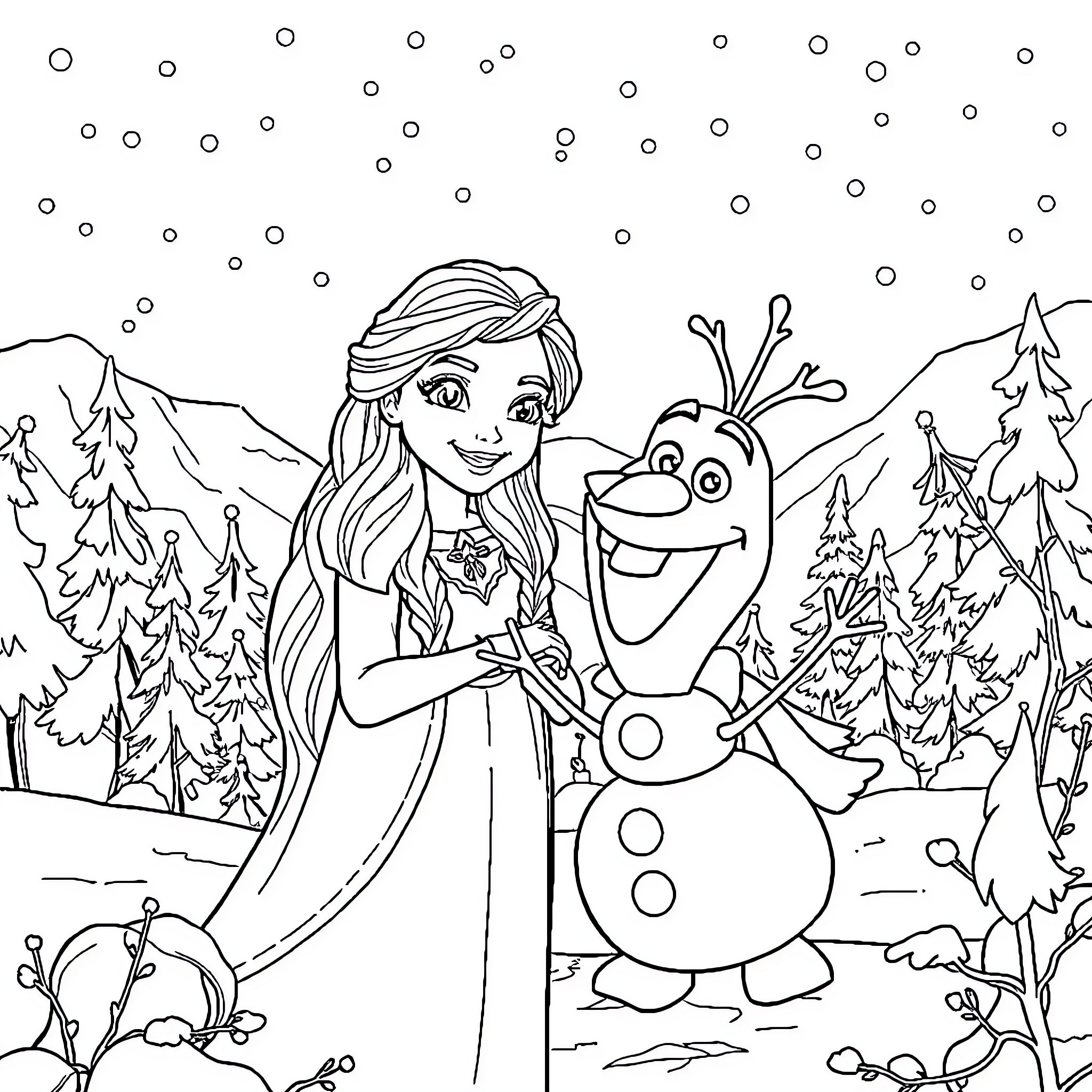 Queen and her Snowman Companion in Snowy Wonderland Coloring Page (free black-and-white line drawing printable PDF for all, from beginners to advanced learners, including children, teens, adults, and seniors)