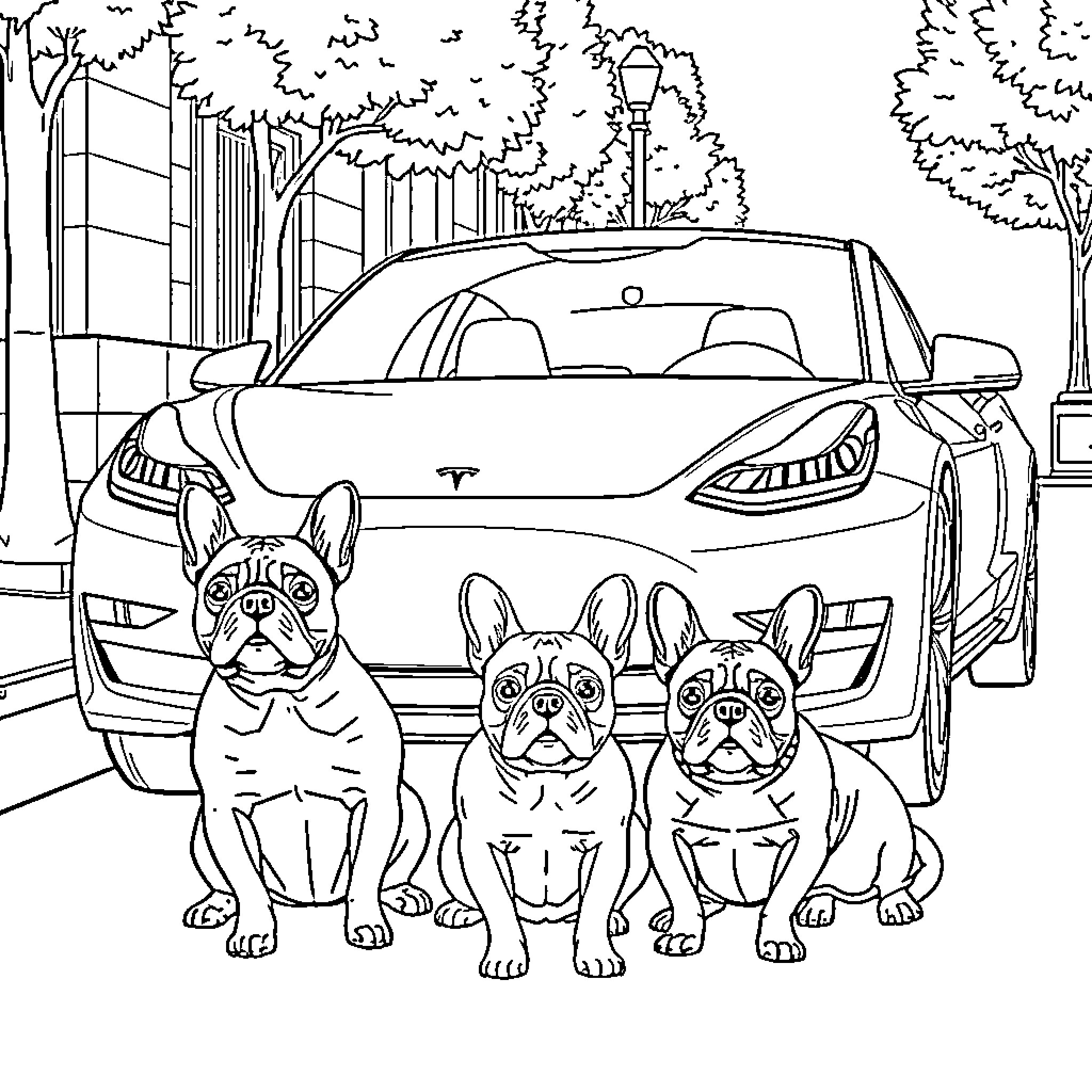 Tesla with French Bulldogs at the Park Coloring Page (free black-and-white line drawing printable PDF for all, from beginners to advanced learners, including children, teens, adults, and seniors)