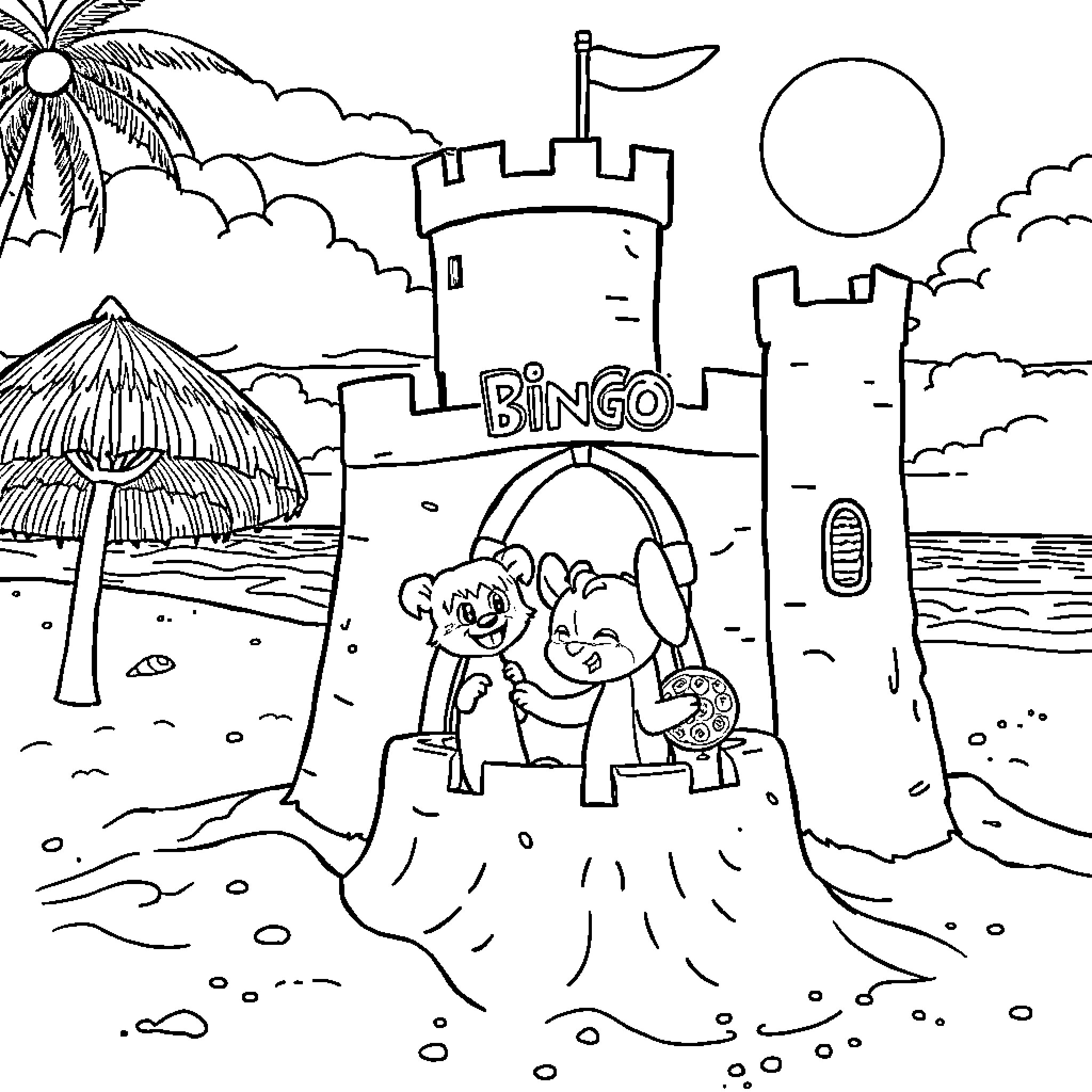 Bluey's Bingo Adventure at the Beach Coloring Page (free black-and-white line drawing printable PDF for all, from beginners to advanced learners, including children, teens, adults, and seniors)