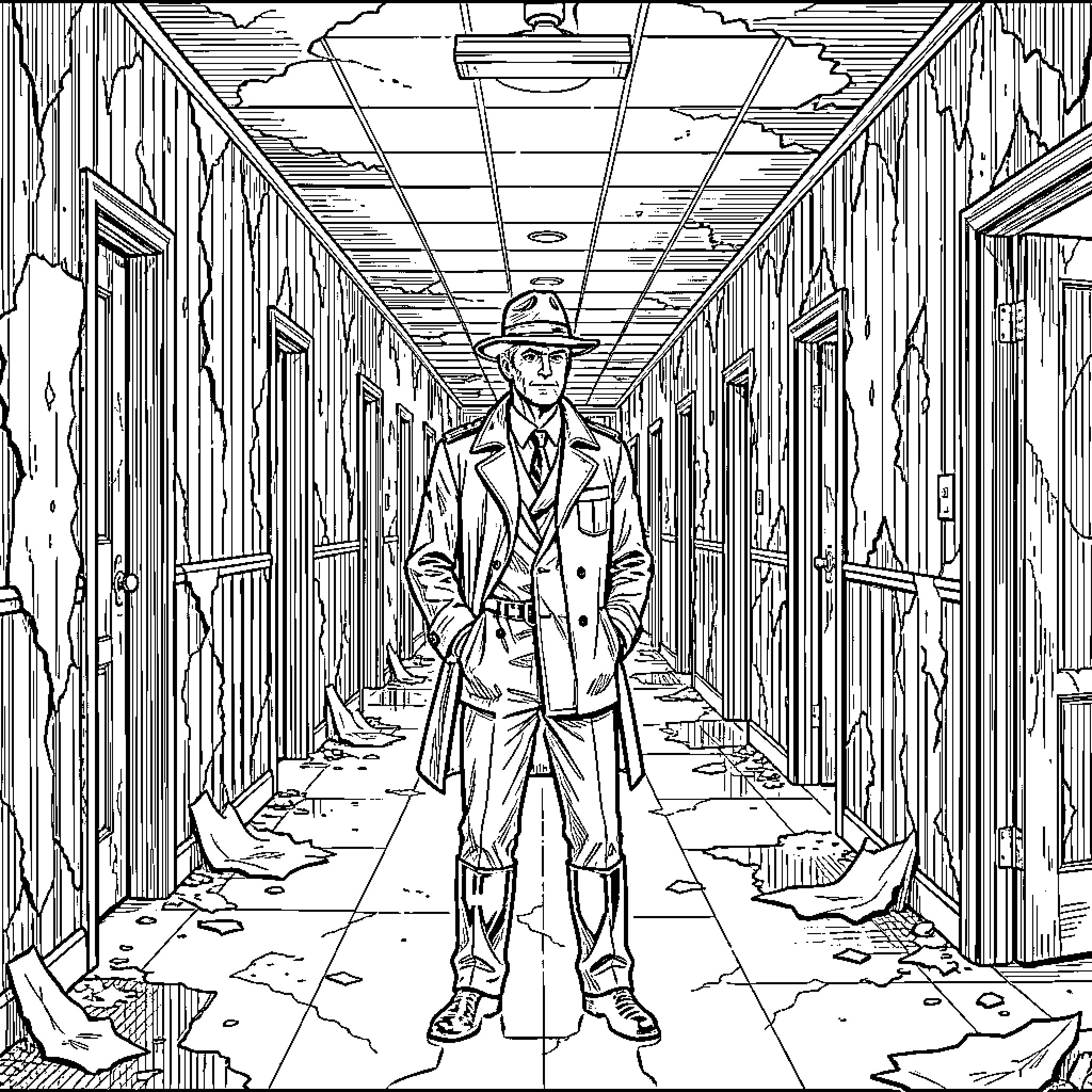 Capitaine Clark standing in a long, derelict hallway Coloring Page (free black-and-white line drawing printable PDF for all, from beginners to advanced learners, including children, teens, adults, and seniors)
