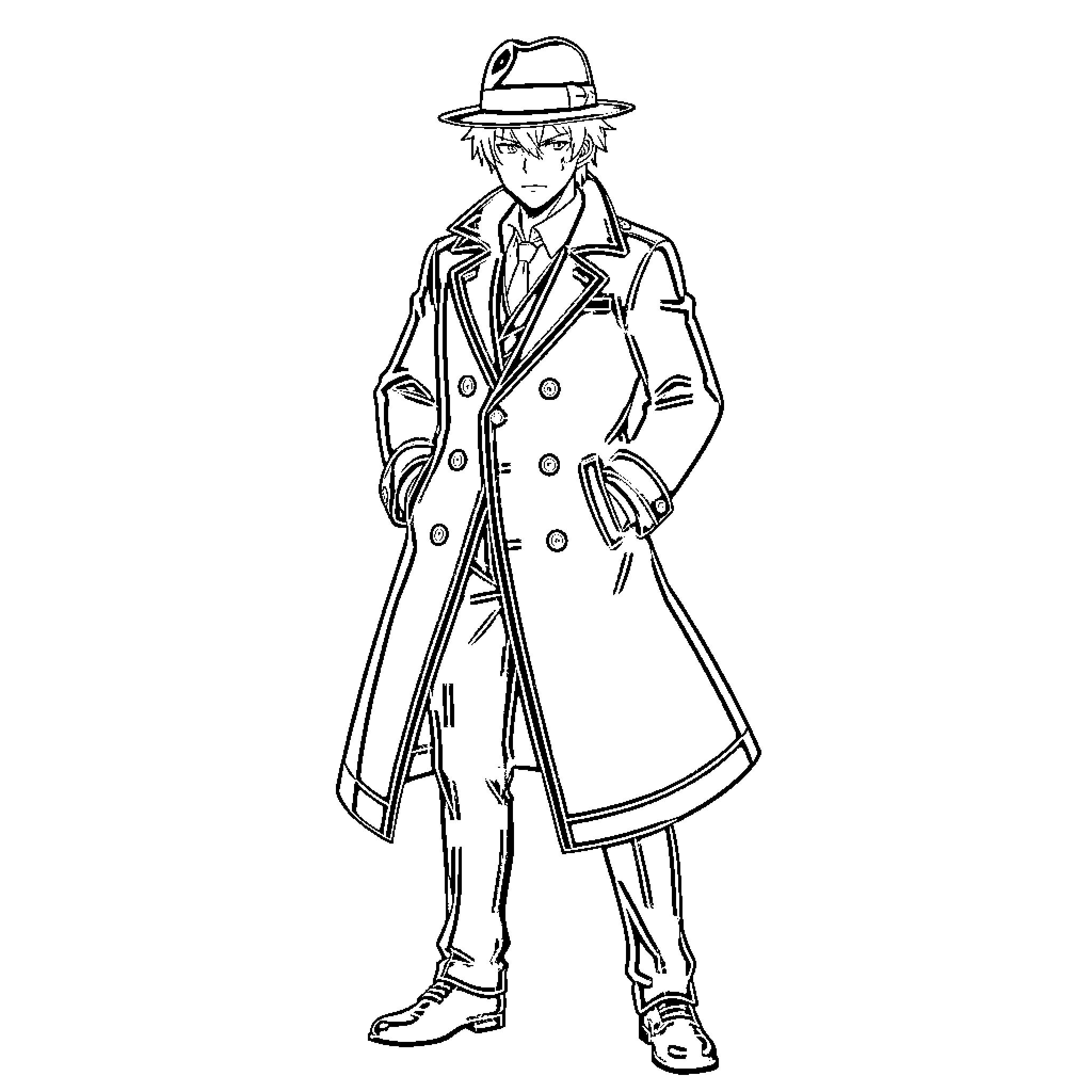 Chuuya Nakahara in a stylish trenchcoat and fedora Coloring Page (free black-and-white line drawing printable PDF for all, from beginners to advanced learners, including children, teens, adults, and seniors)