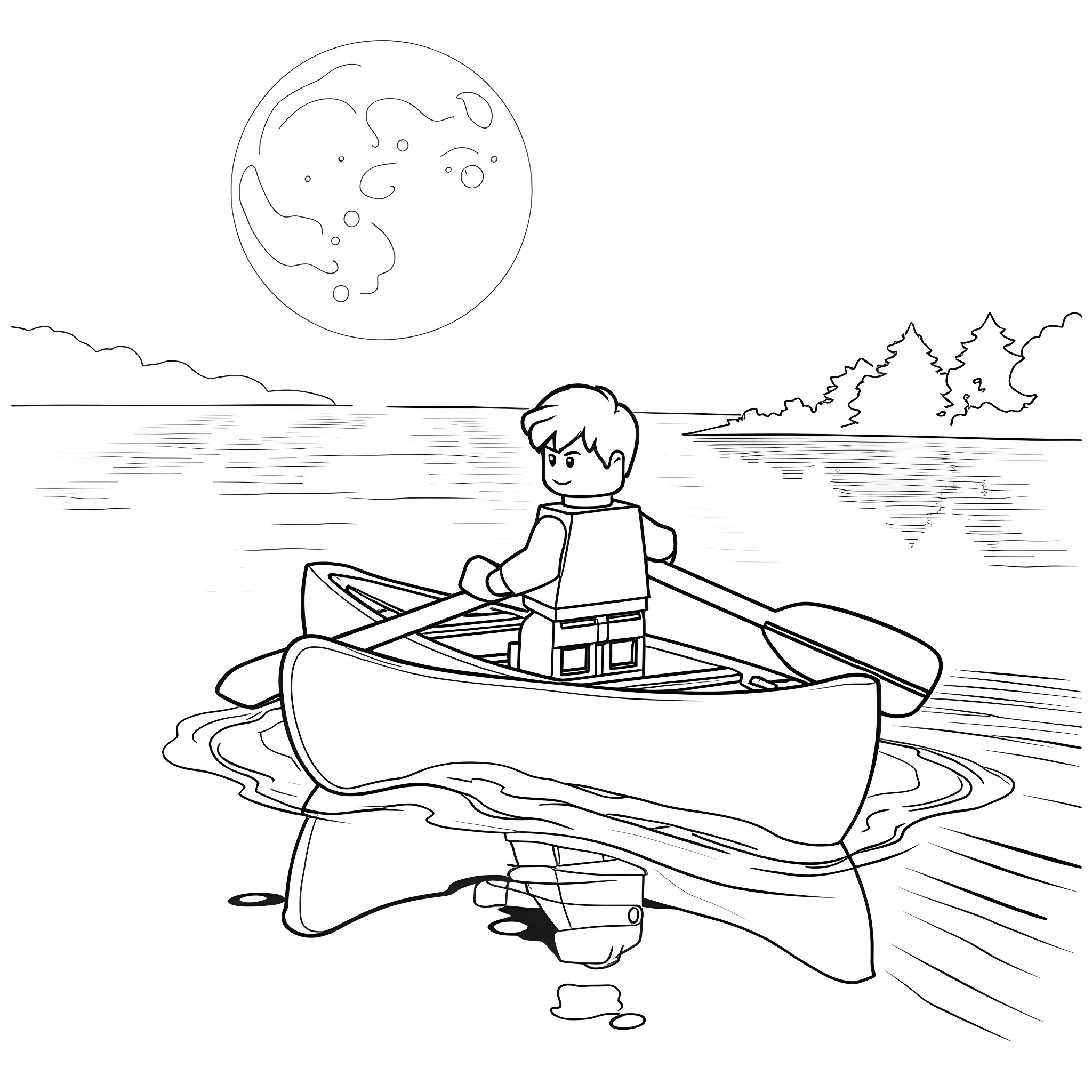 LEGO Figure rowing boat on a moonlit lake Coloring Page (free black-and-white line drawing printable PDF for all, from beginners to advanced learners, including children, teens, adults, and seniors)
