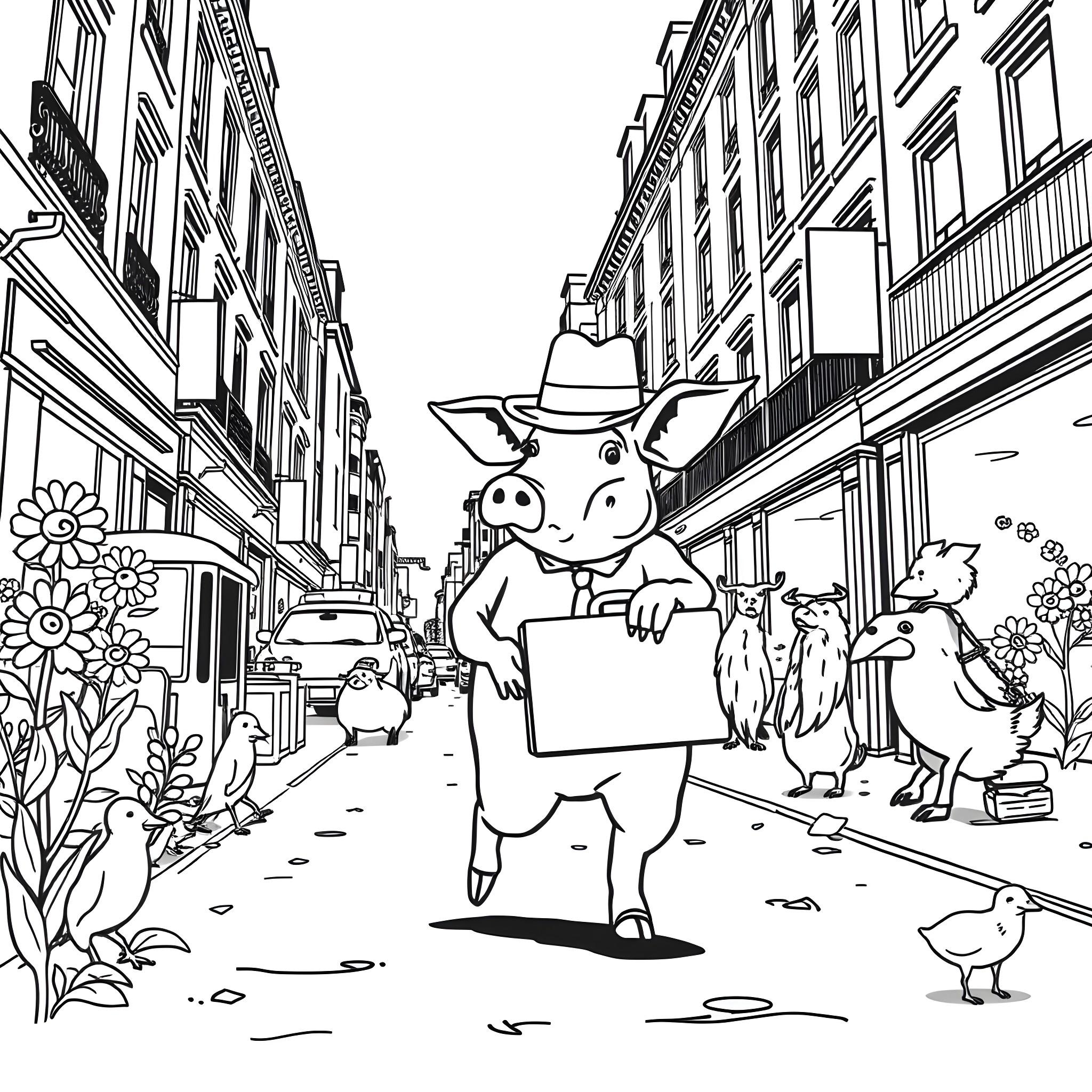 Pig exploring the city with curiosity Coloring Page (free black-and-white line drawing printable PDF for all, from beginners to advanced learners, including children, teens, adults, and seniors)