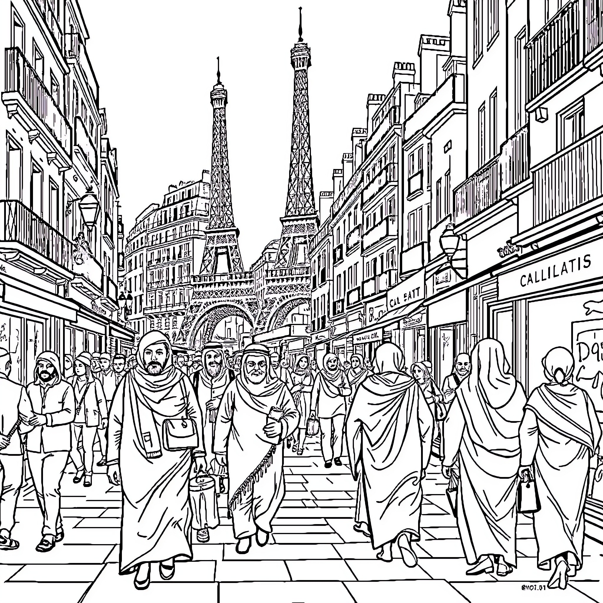 Ville of people in traditional garments on a bustling street Coloring Page (free black-and-white line drawing printable PDF for all, from beginners to advanced learners, including children, teens, adults, and seniors)