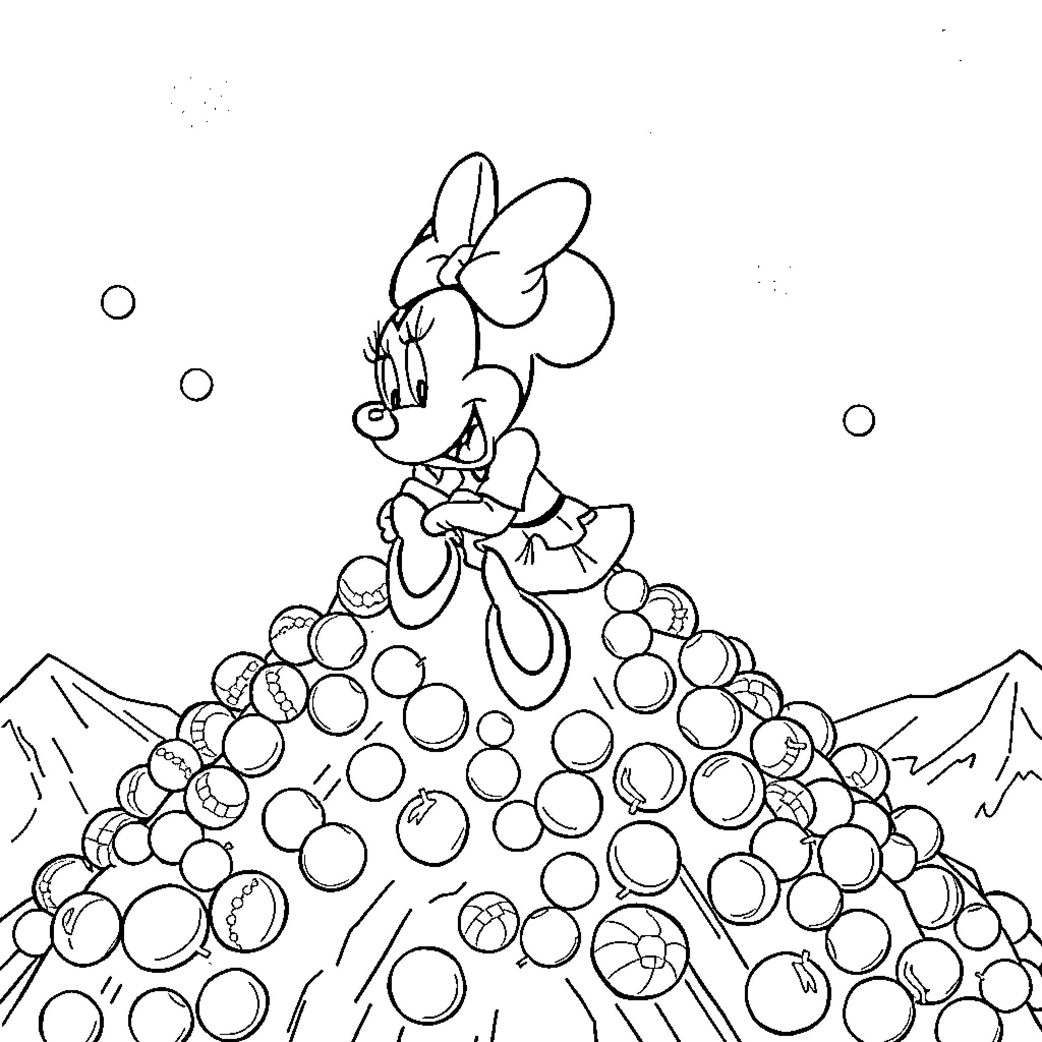 Minnie enjoying a bubble bath in the mountains Coloring Page (free black-and-white line drawing printable PDF for all, from beginners to advanced learners, including children, teens, adults, and seniors)