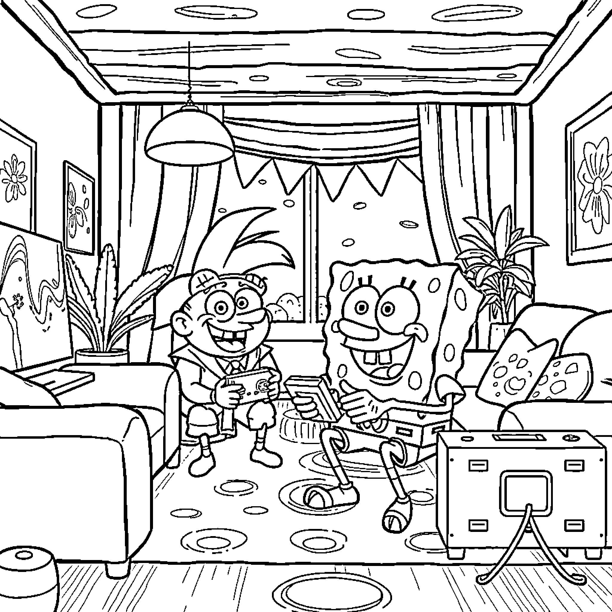 Spongebob and Patrick having a playful gathering in their home Coloring Page (free black-and-white line drawing printable PDF for all, from beginners to advanced learners, including children, teens, adults, and seniors)