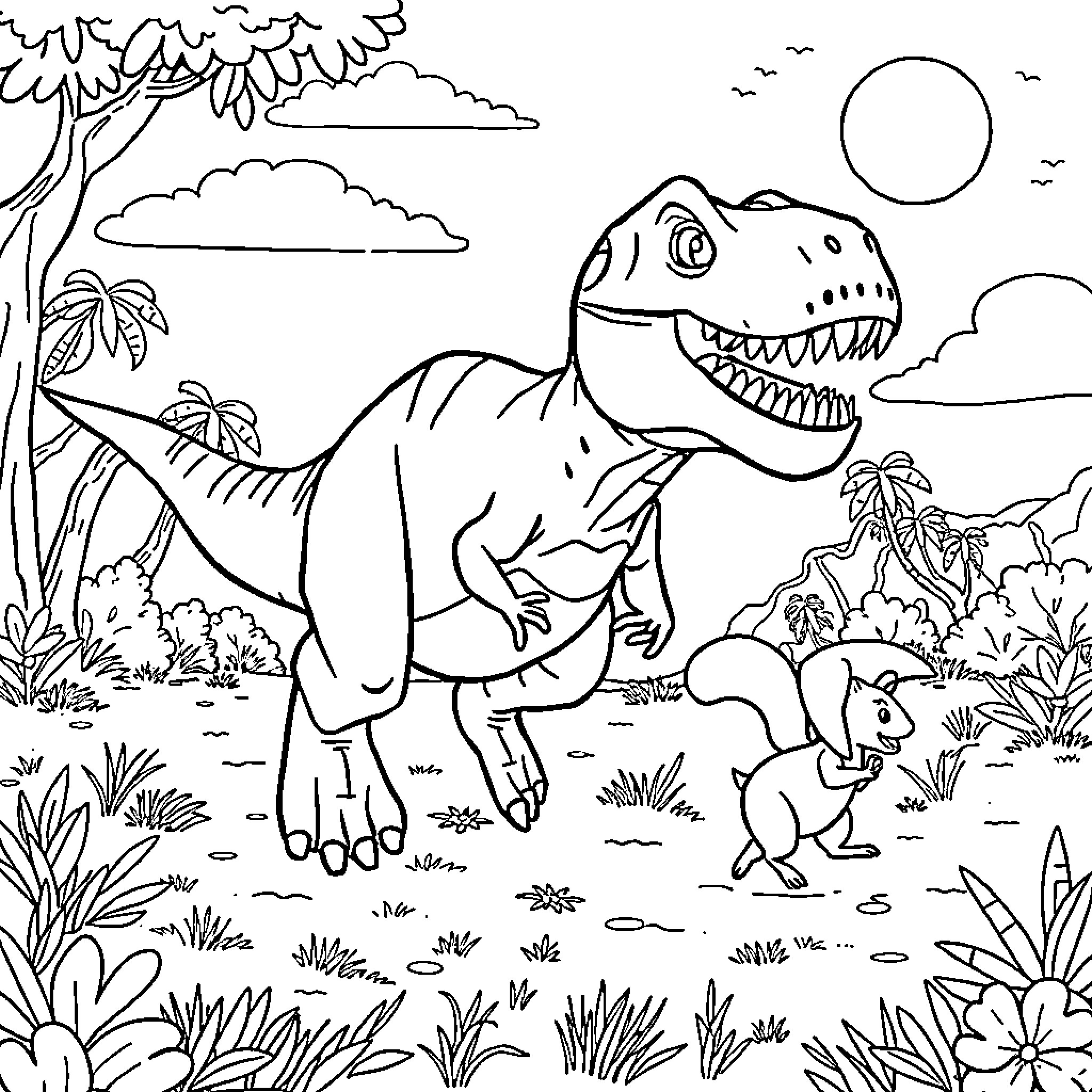 T-Rex chasing a small animal in the jungle Coloring Page (free black-and-white line drawing printable PDF for all, from beginners to advanced learners, including children, teens, adults, and seniors)