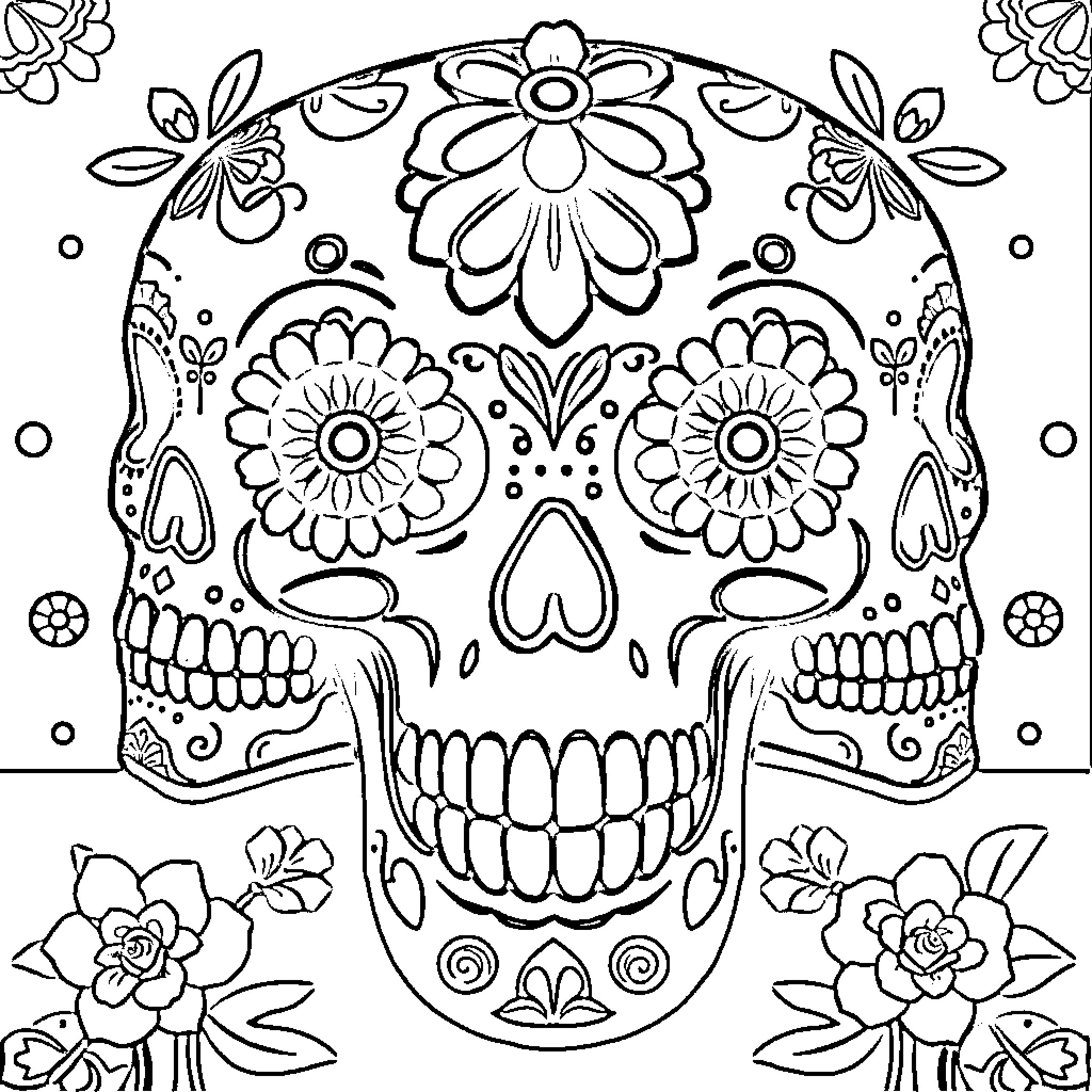 Sugar Skull with Floral Designs and Patterns Coloring Page (free black-and-white line drawing printable PDF for all, from beginners to advanced learners, including children, teens, adults, and seniors)