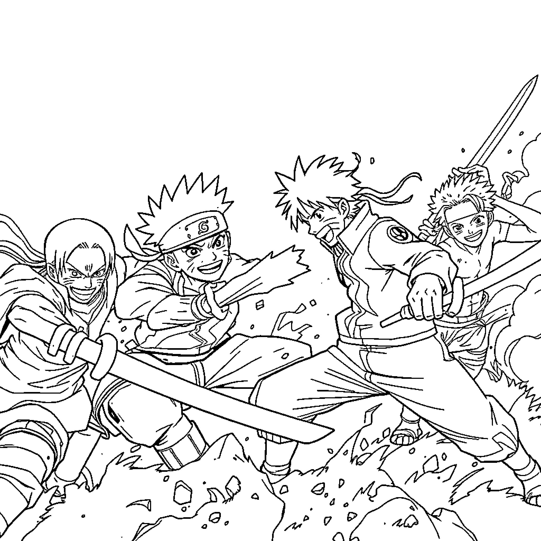 Naruto Characters in Intense Action Scene Coloring Page (free black-and-white line drawing printable PDF for all, from beginners to advanced learners, including children, teens, adults, and seniors)