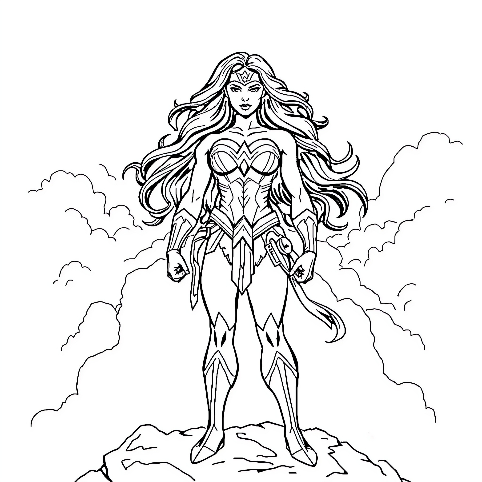 Wonder Woman in Heroic Pose with Flowing Hair Coloring Page (free black-and-white line drawing printable PDF for all, from beginners to advanced learners, including children, teens, adults, and seniors)