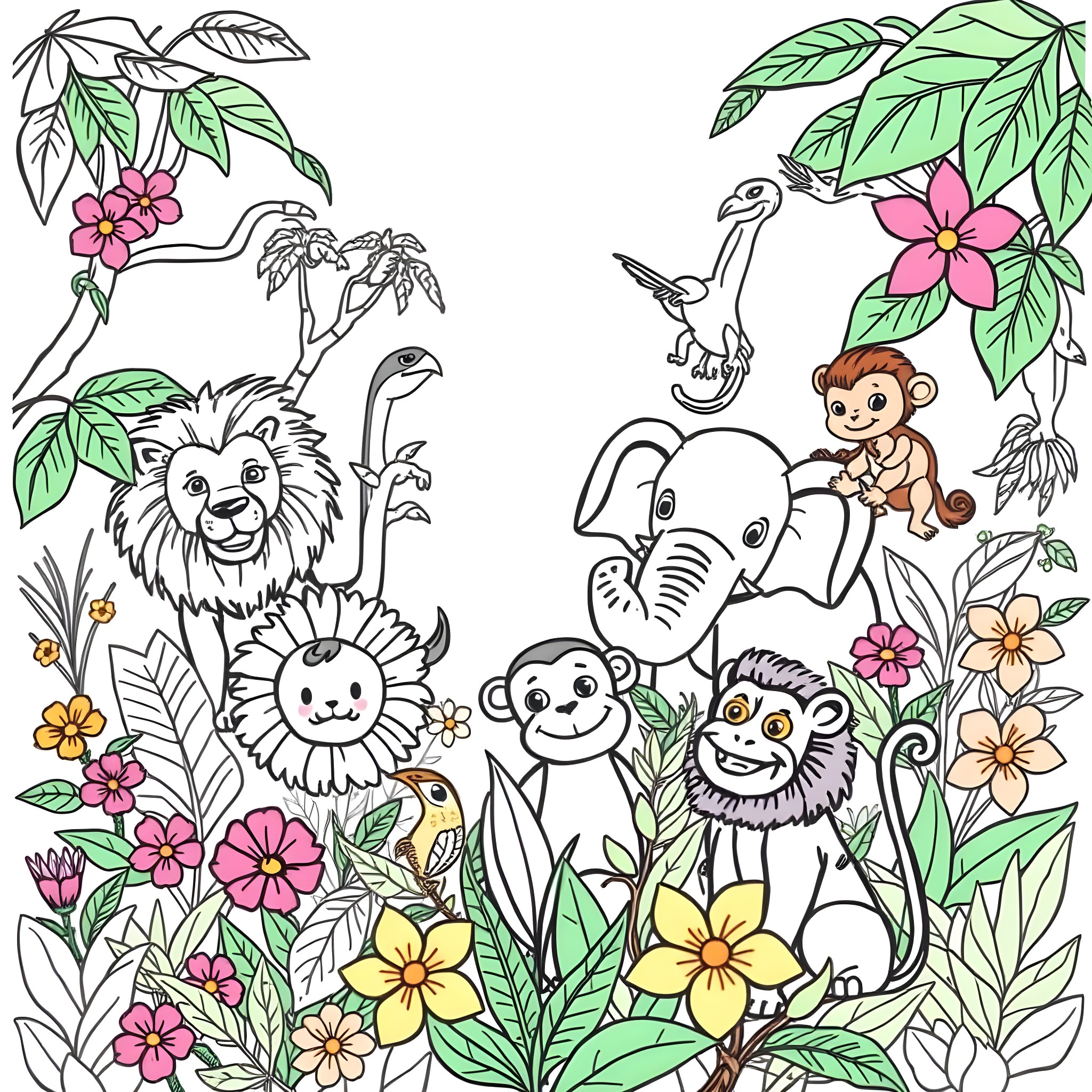 Wild Animals in a Tropical Jungle Scene Coloring Page (free black-and-white line drawing printable PDF for all, from beginners to advanced learners, including children, teens, adults, and seniors)