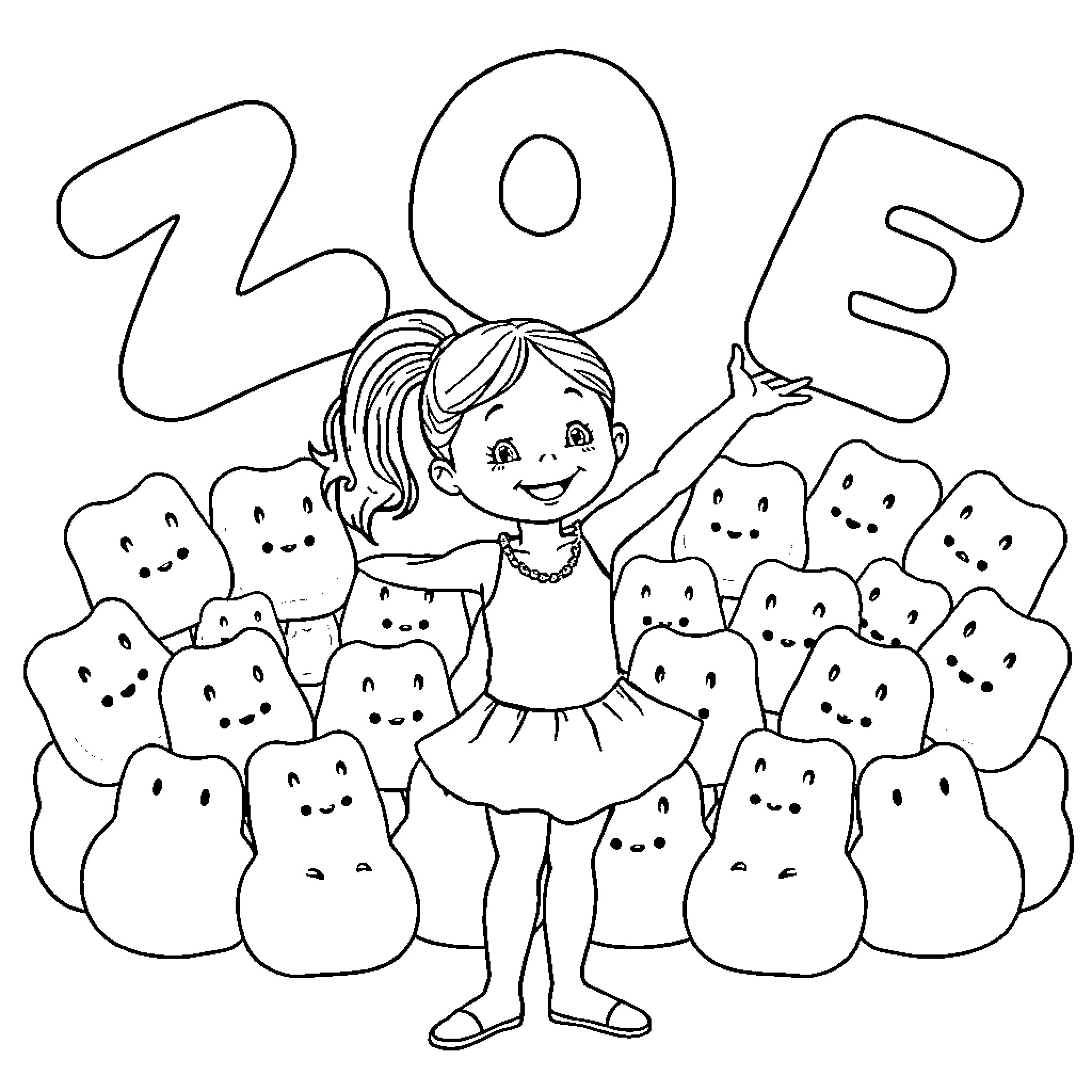 Squishmallow girl surrounded by cute plush toys Coloring Page (free black-and-white line drawing printable PDF for all, from beginners to advanced learners, including children, teens, adults, and seniors)
