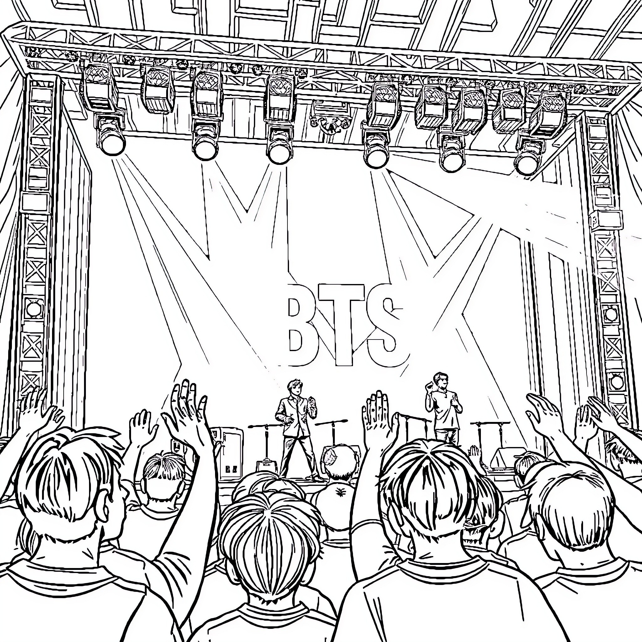 BTS Performing on Stage with Fans Coloring Page (free black-and-white line drawing printable PDF for all, from beginners to advanced learners, including children, teens, adults, and seniors)